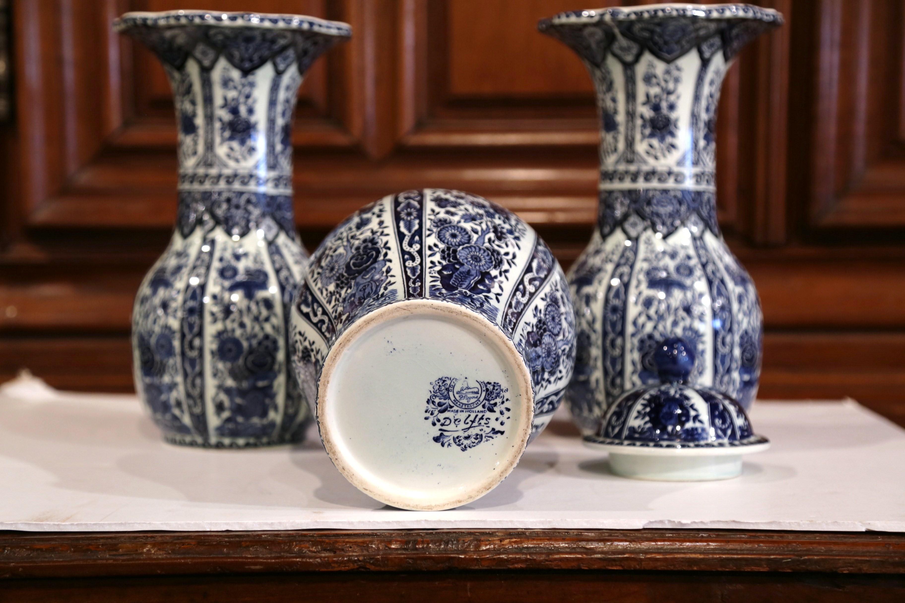 Set of Three Mid-20th Century Dutch Blue and White Delft Vases and Matching Jar 5