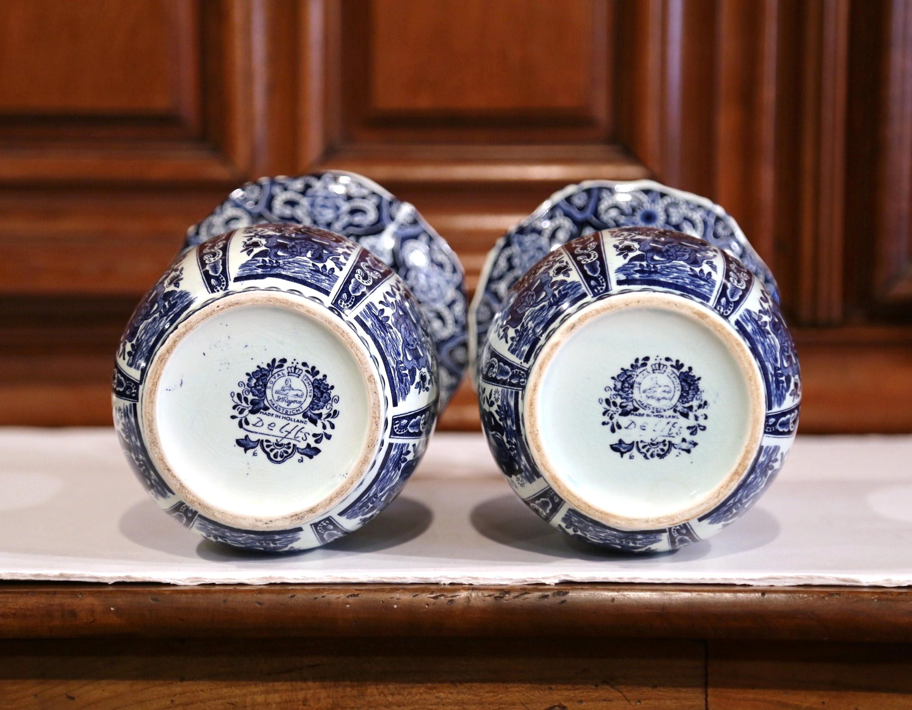 Set of Three Mid-20th Century Dutch Blue and White Delft Vases and Matching Jar 6