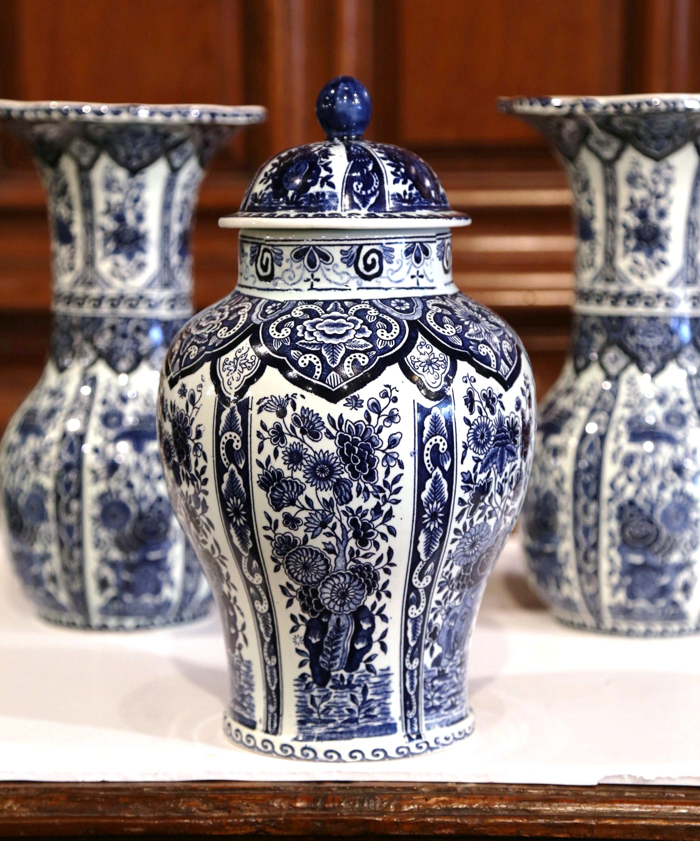 Ceramic Set of Three Mid-20th Century Dutch Blue and White Delft Vases and Matching Jar
