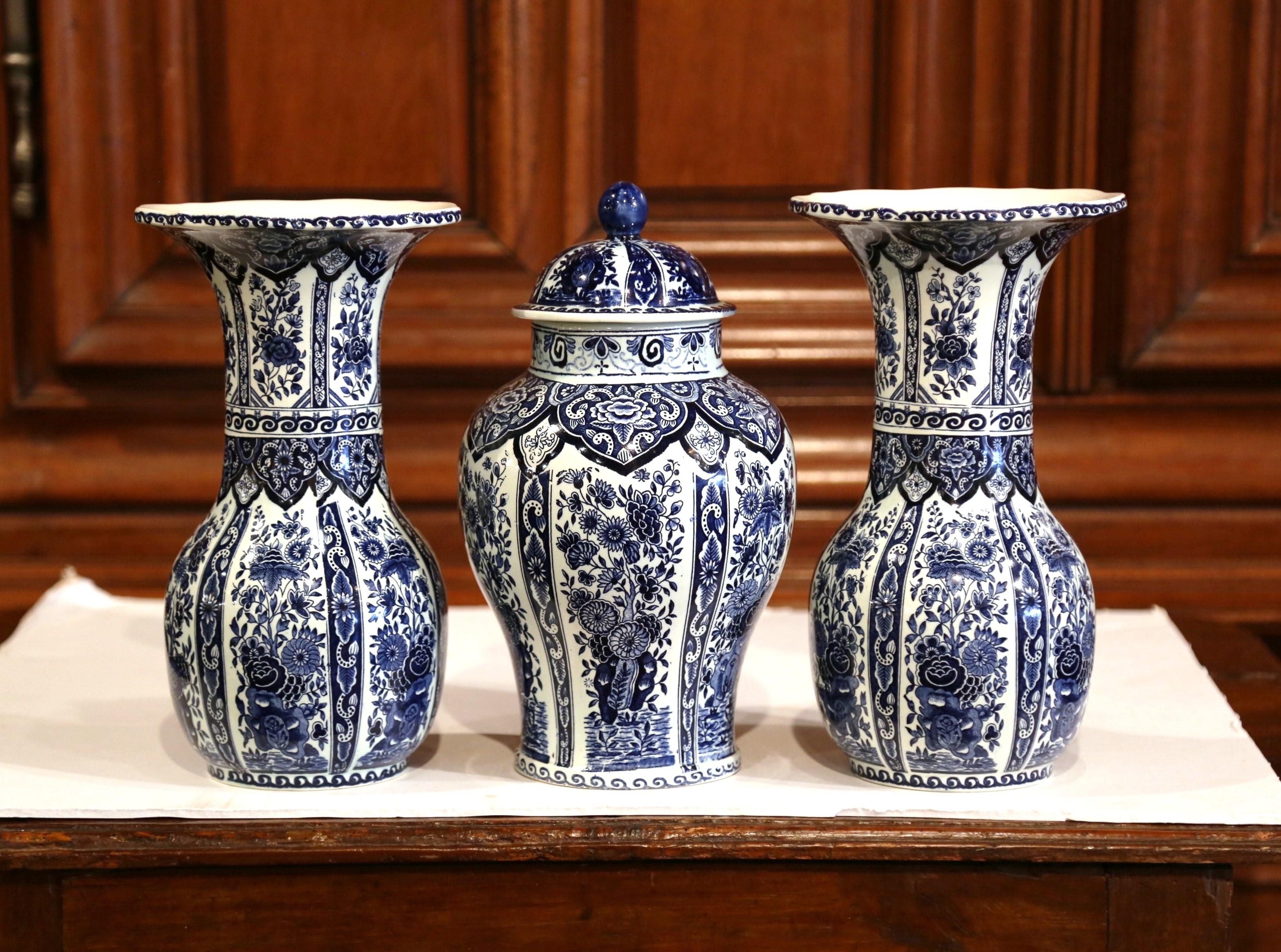 Set of Three Mid-20th Century Dutch Blue and White Delft Vases and Matching Jar 1