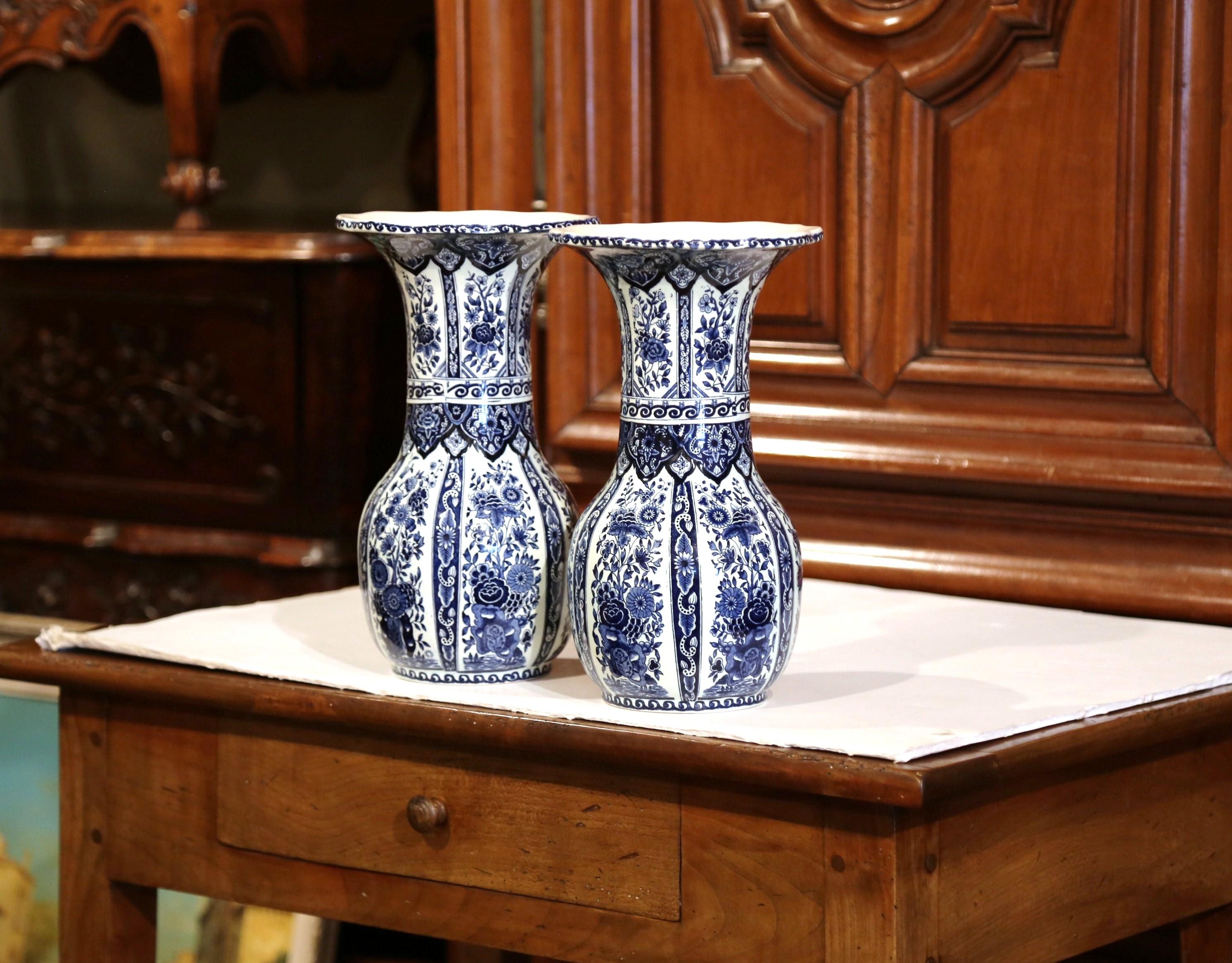 Set of Three Mid-20th Century Dutch Blue and White Delft Vases and Matching Jar 3