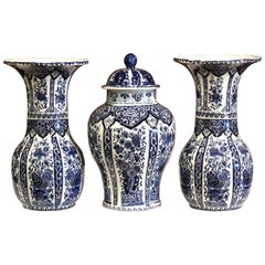 Set of Three Mid-20th Century Dutch Blue and White Delft Vases and Matching Jar