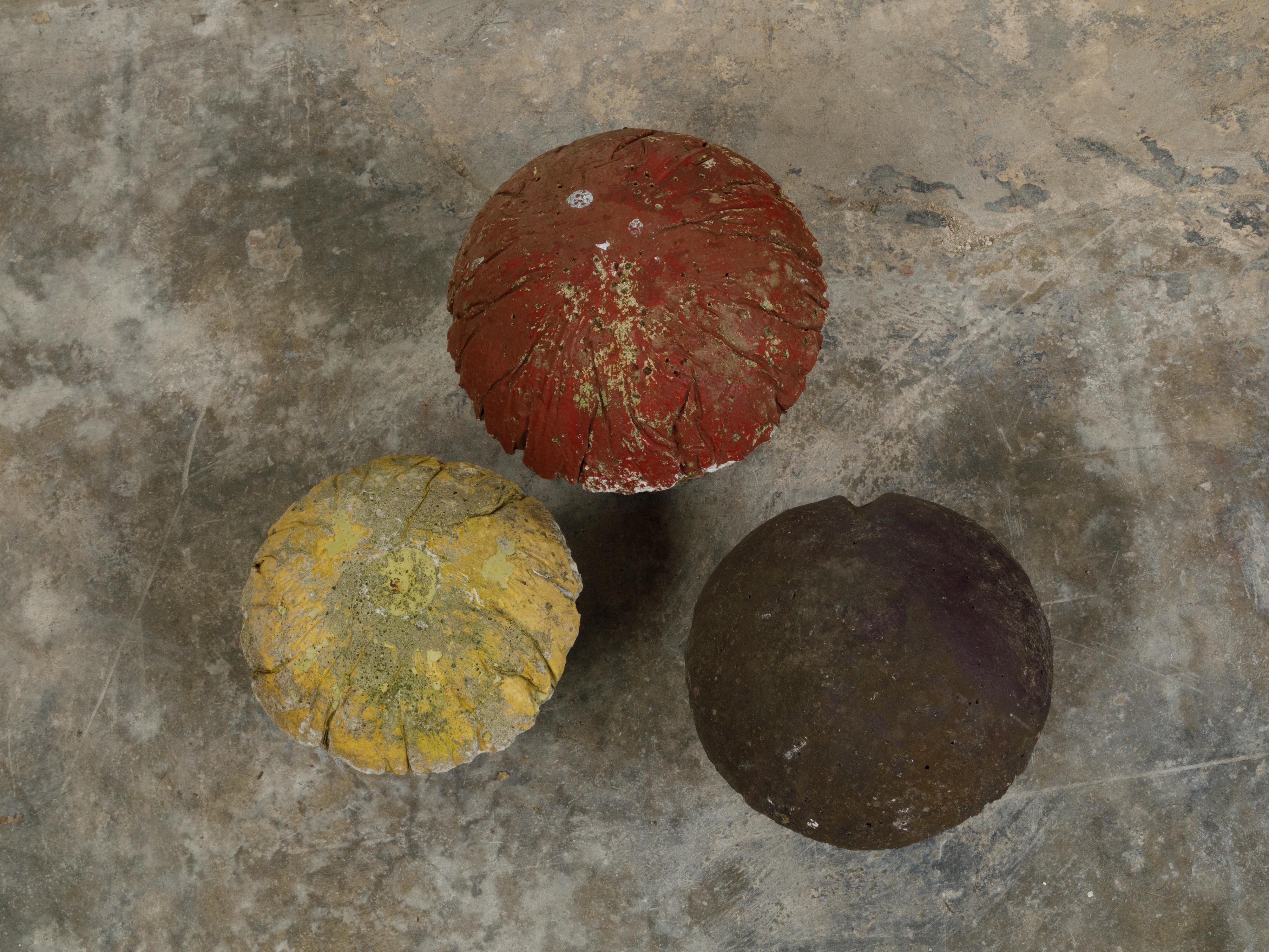 Painted Set of Three Mid-Century American Concrete Mushrooms with Distressed Appearance