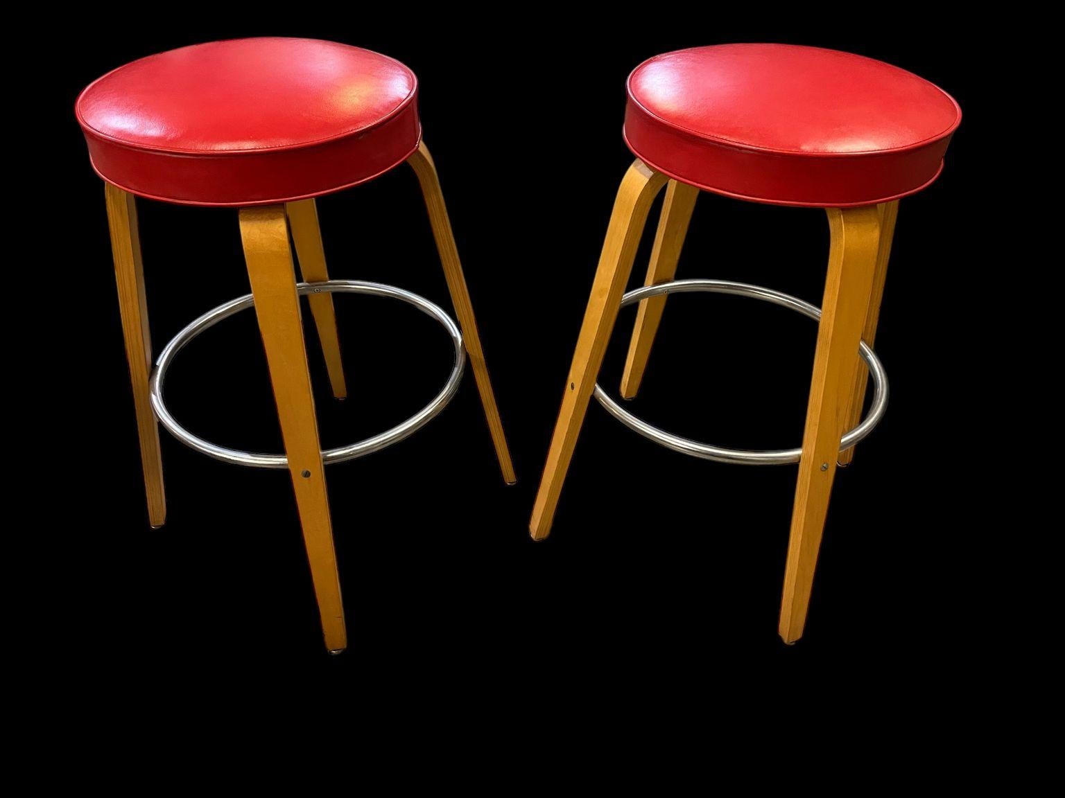 Naugahyde Set Of Three Mid Century Bar Stools By Thonet Circa 1950’s For Sale