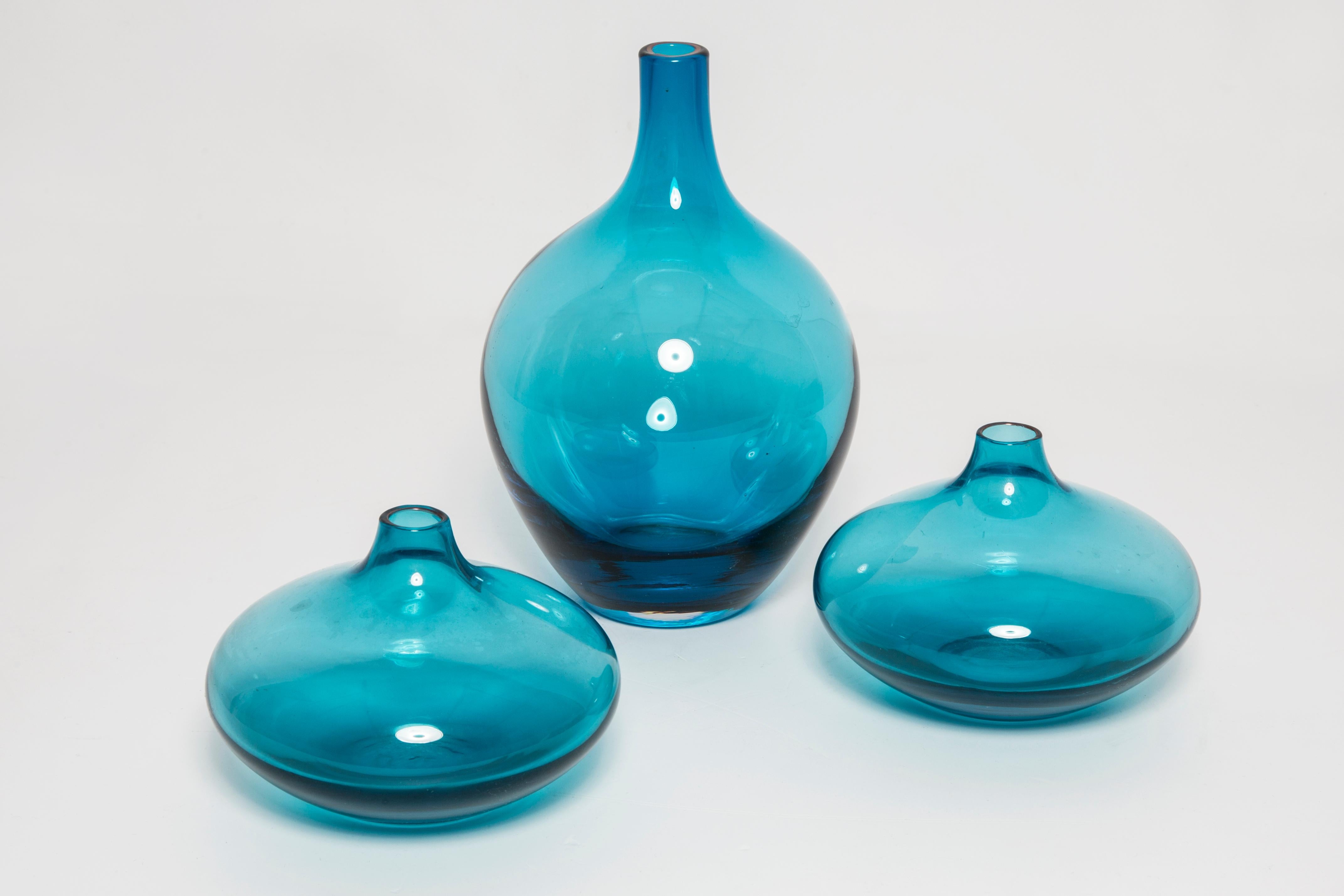 Mid-Century Modern Set of Three Mid Century Blue Small Vases, Europe, 1960s.