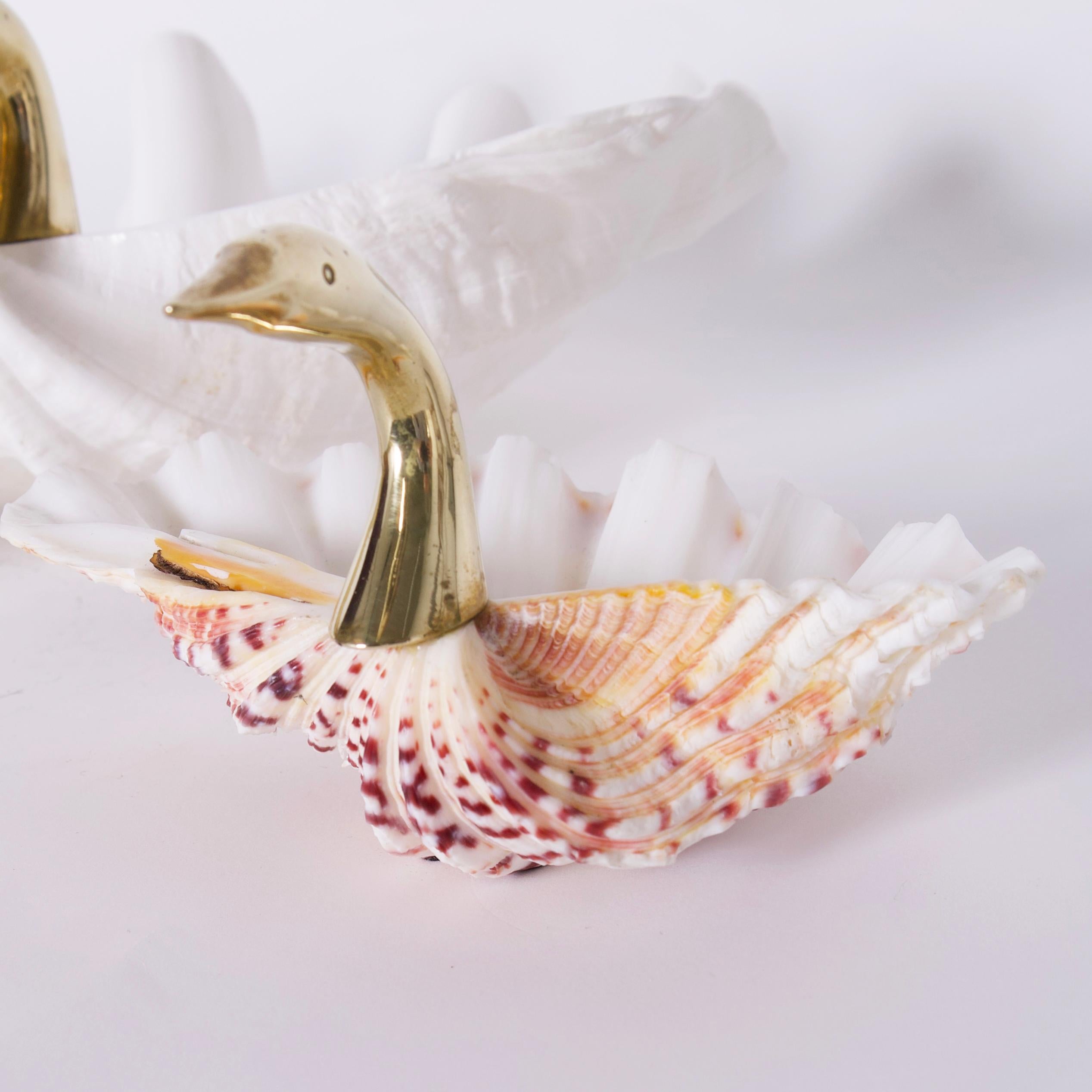 Hand-Crafted Mid Century Brass and Clam Shell Swan Bowl