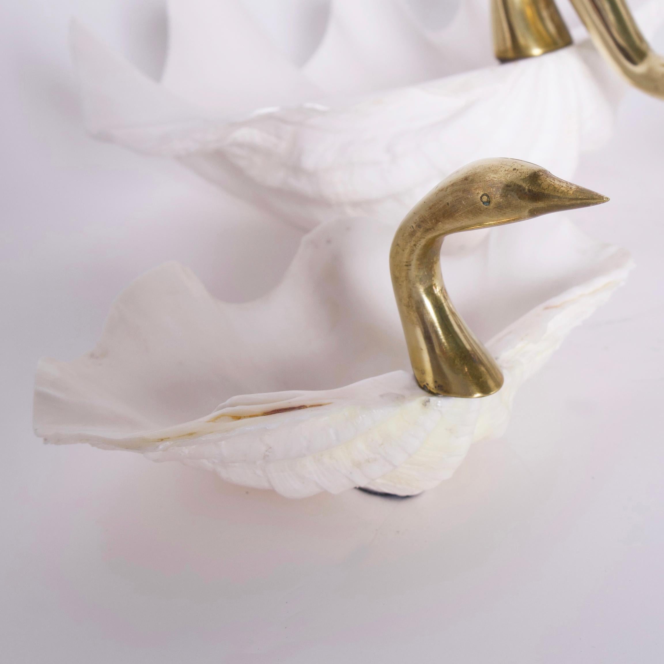 Mid Century Brass and Clam Shell Swan Bowl In Good Condition In Palm Beach, FL