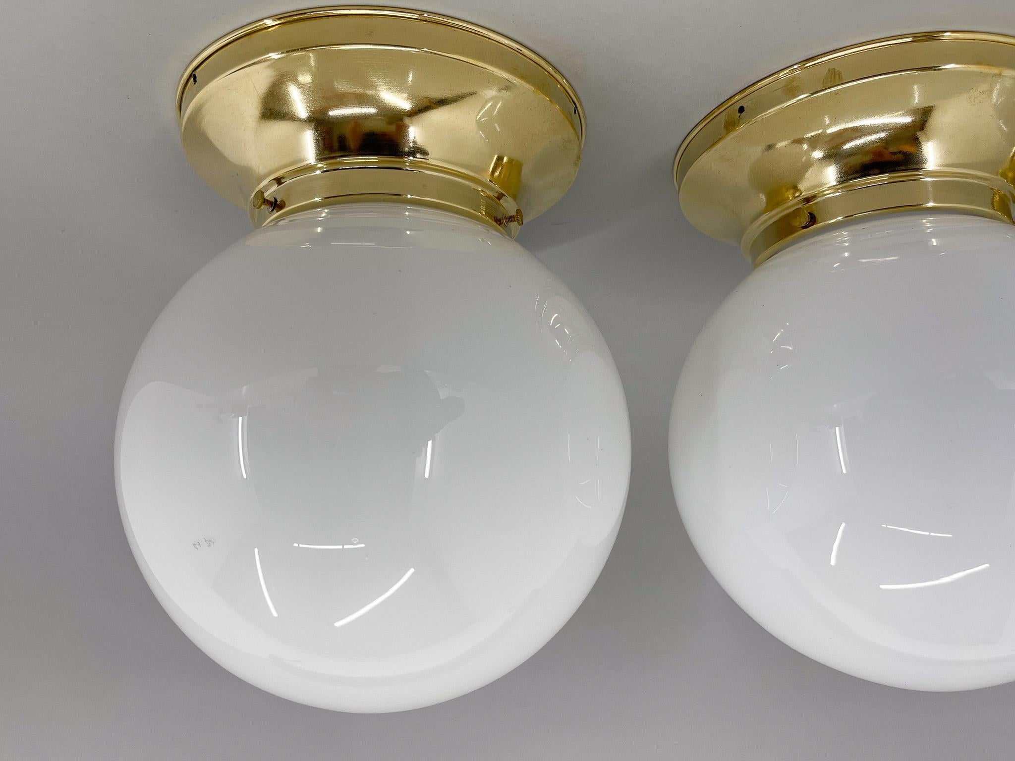 Set of Three Mid-Century Brass and Milk Glass Ceiling Ligts, Restored For Sale 1