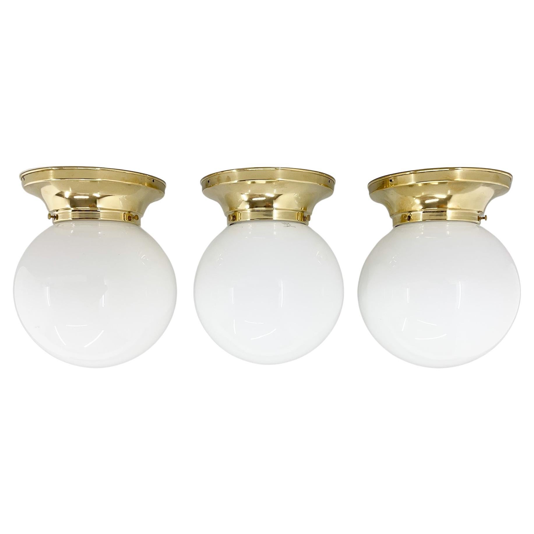 Set of Three Mid-Century Brass and Milk Glass Ceiling Ligts, Restored For Sale