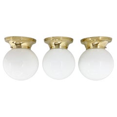 Vintage Set of Three Mid-Century Brass and Milk Glass Ceiling Ligts, Restored