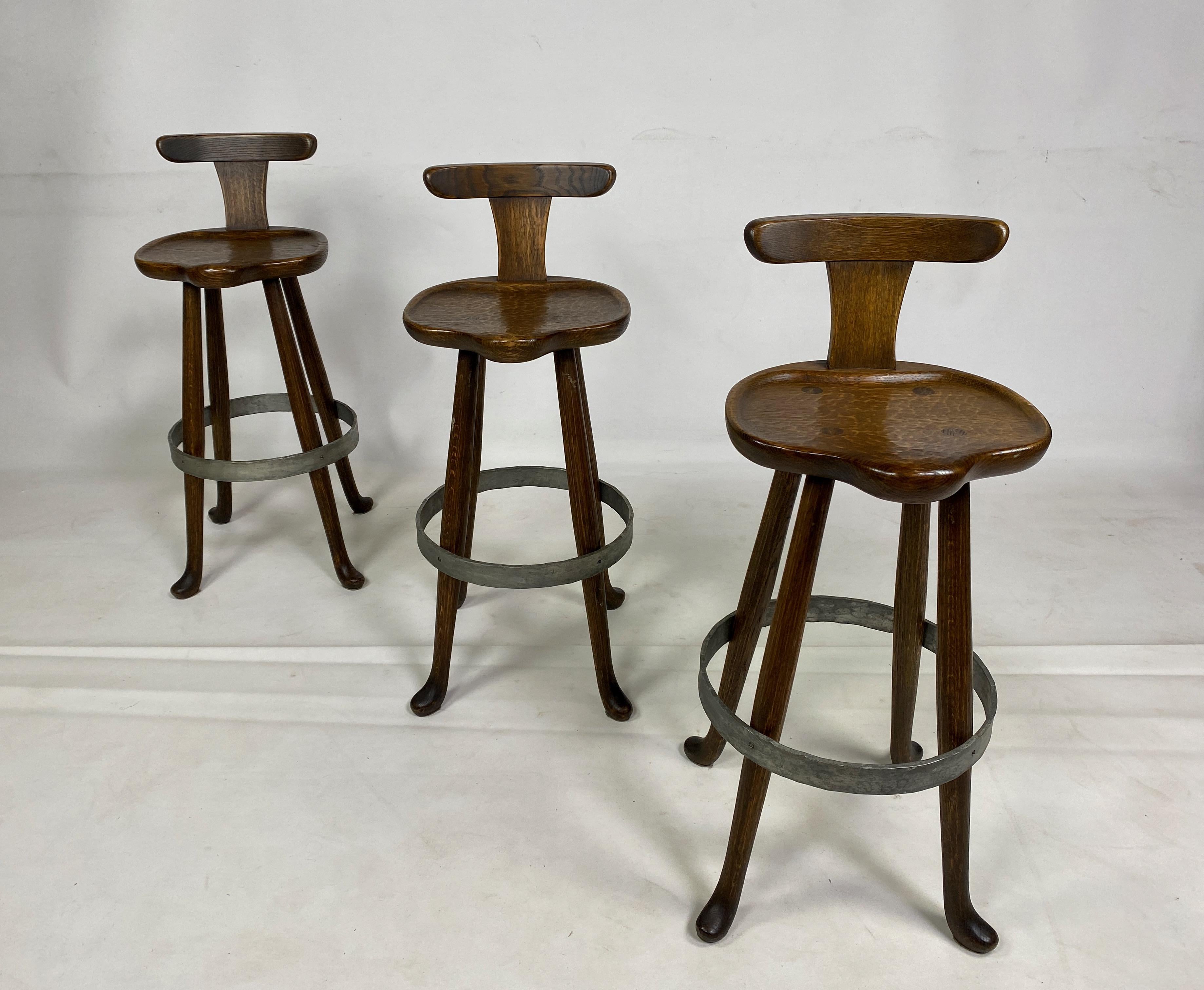 French Set of Three Midcentury Brutalist Stools in Oak
