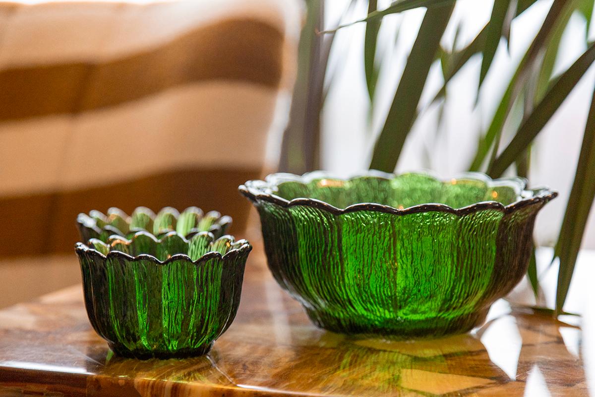 Set of Three Mid Century Crystal Green Glass Bowls, Italy, 1970s In Good Condition For Sale In 05-080 Hornowek, PL