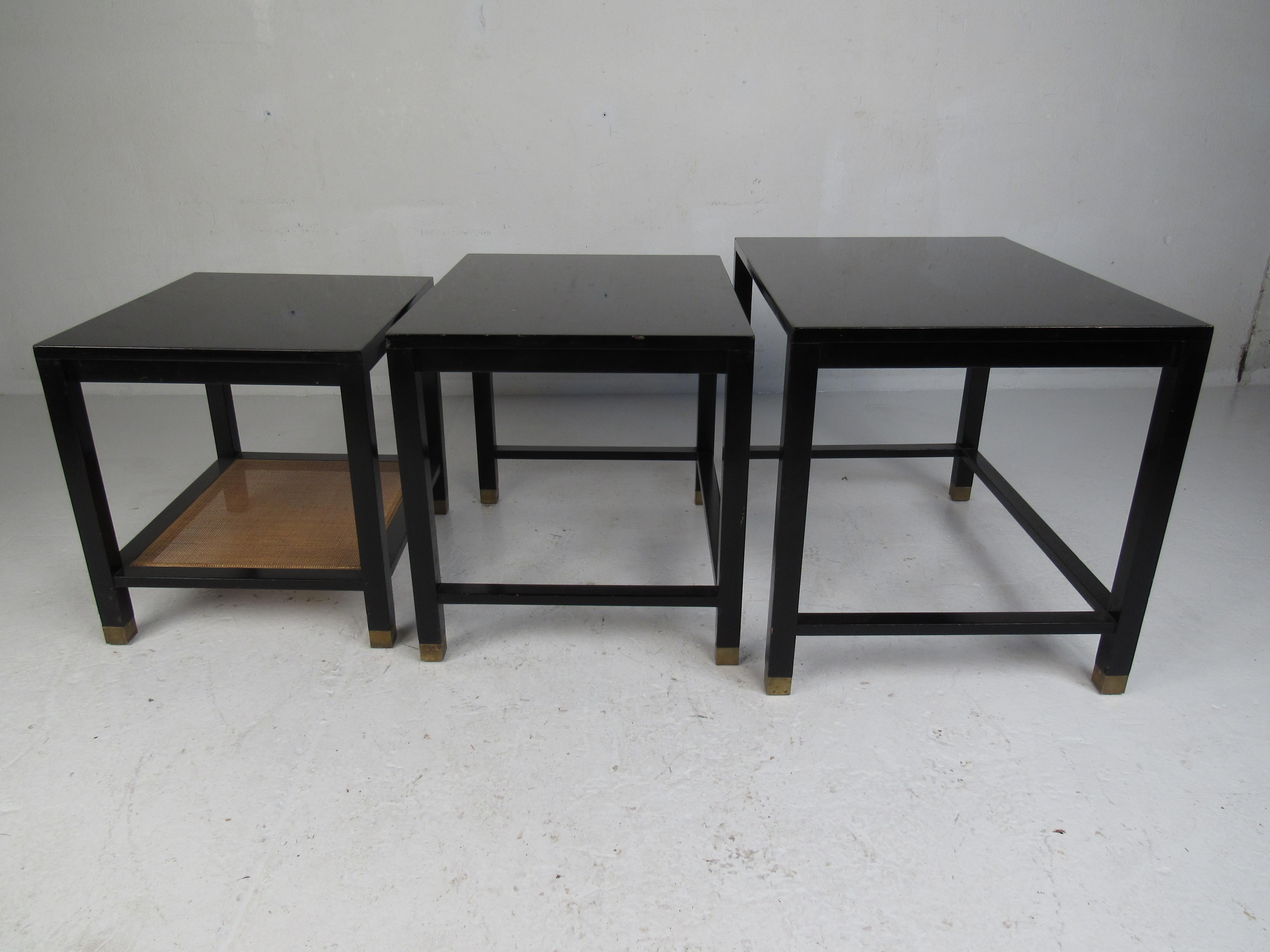 Mid-Century Modern Set of Three Midcentury Dunbar Style Black Lacquer Nesting Tables