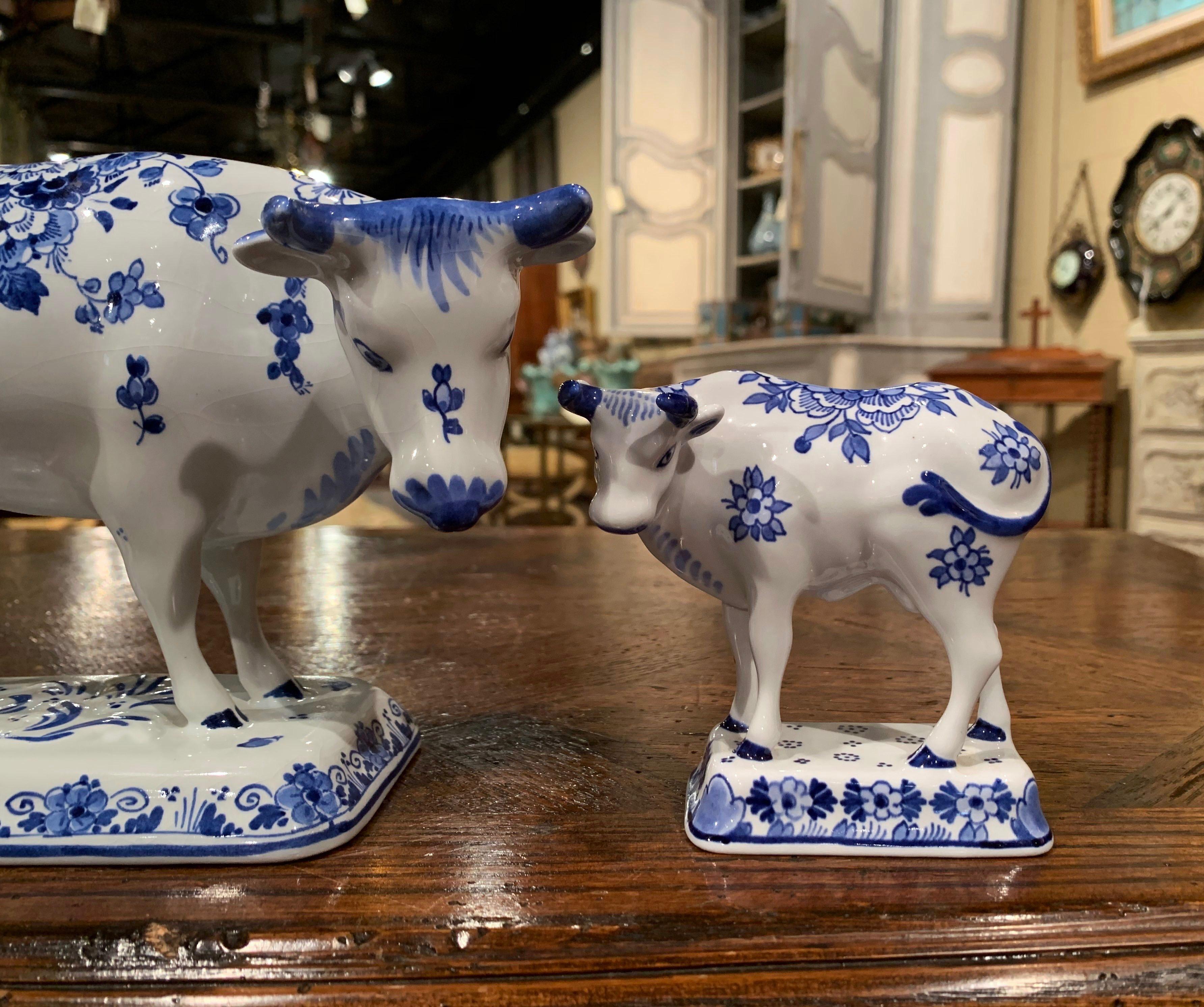 Hand-Crafted Set of Three Midcentury Dutch Hand Painted Porcelain Delft Cows