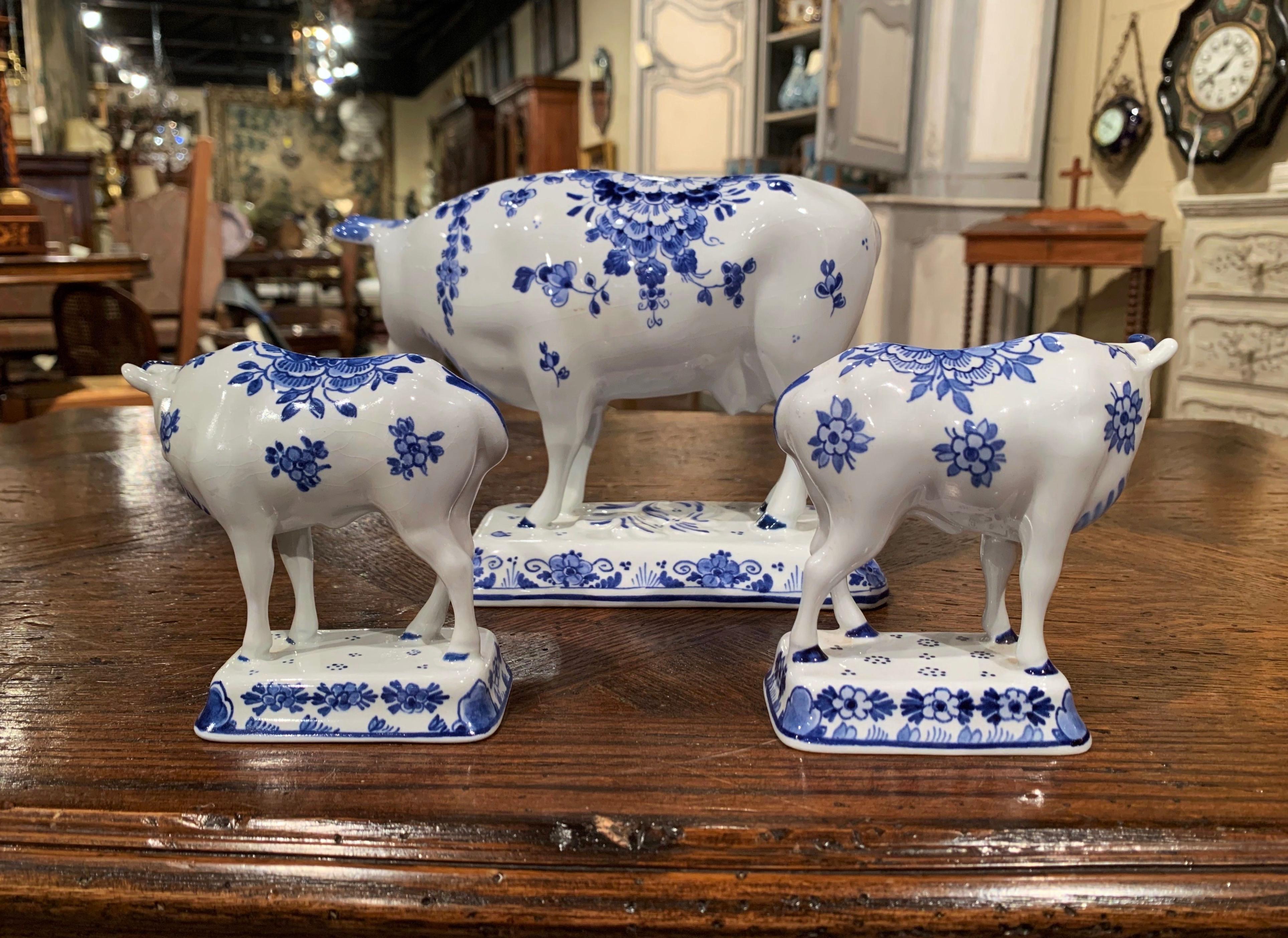 20th Century Set of Three Midcentury Dutch Hand Painted Porcelain Delft Cows