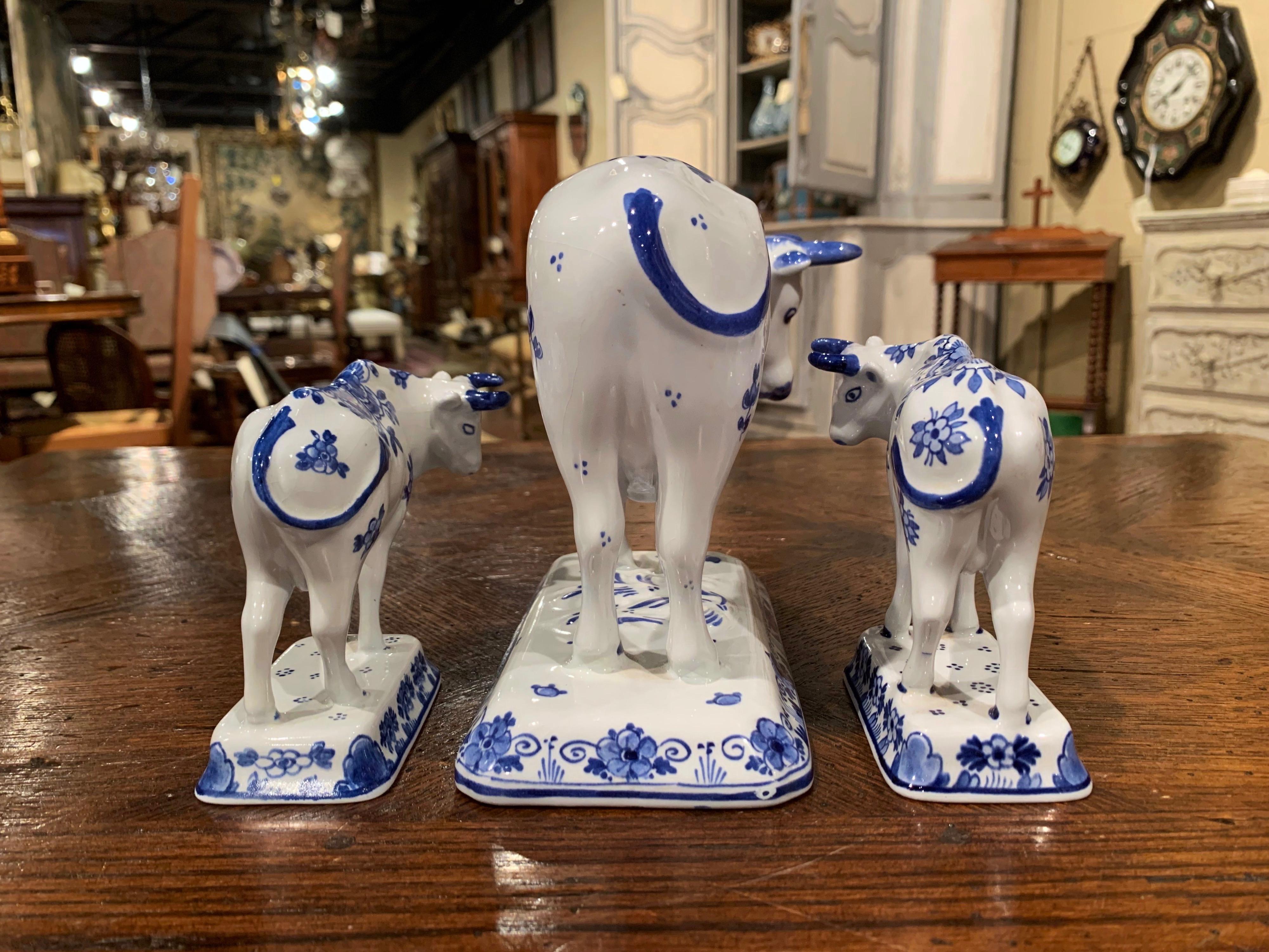 Set of Three Midcentury Dutch Hand Painted Porcelain Delft Cows 2