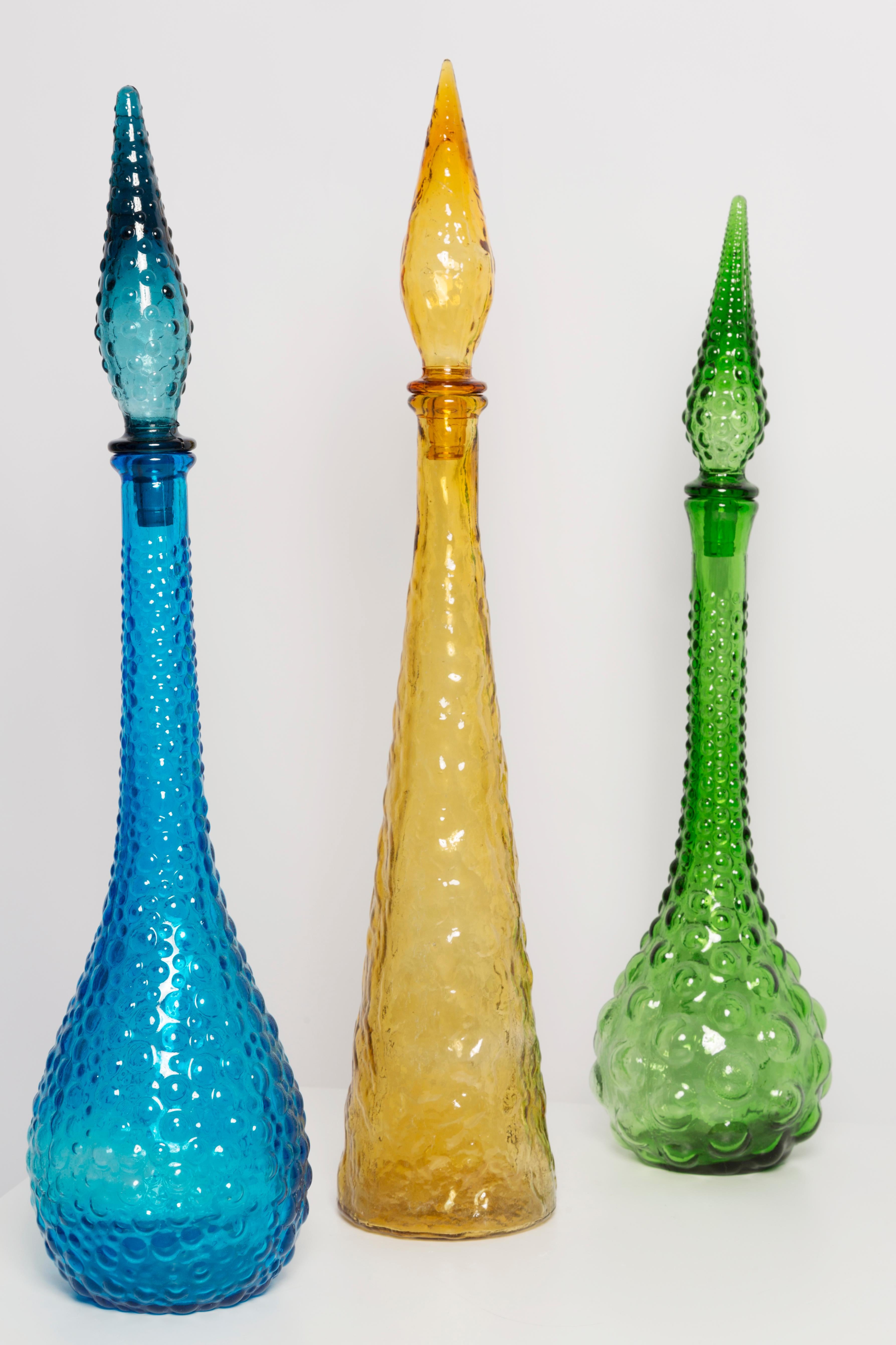 20th Century Set of Three Mid Century Empoli Glass Decanter with Stopper, Italy, 1960s For Sale