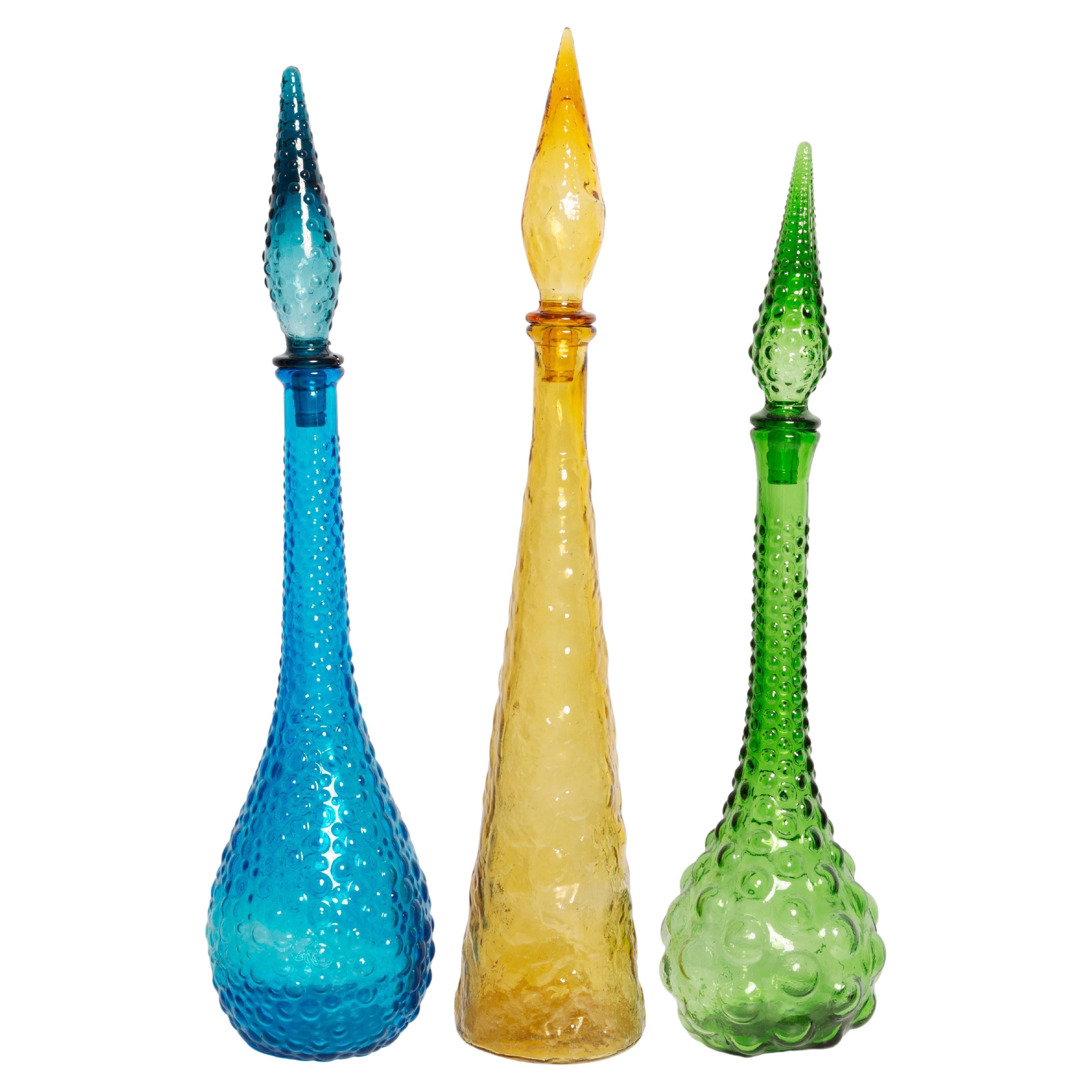 Set of Three Mid Century Empoli Glass Decanter with Stopper, Italy, 1960s