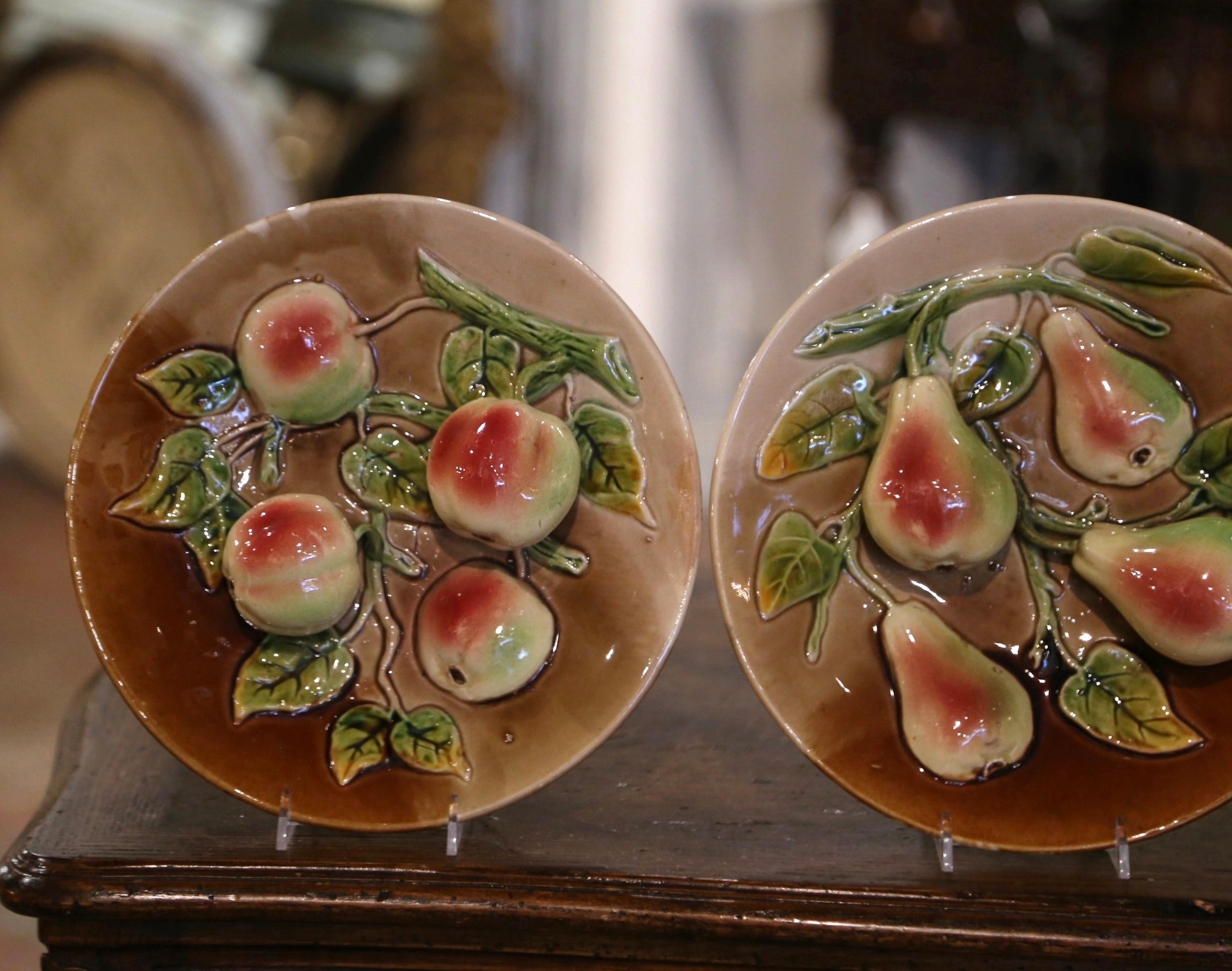 Hand-Crafted Set of Three Mid-Century French Hand Painted Ceramic Barbotine Fruit Wall Plates For Sale