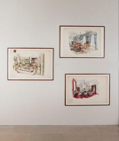 Set of Three Mid-Century French Interior Design Sketches
