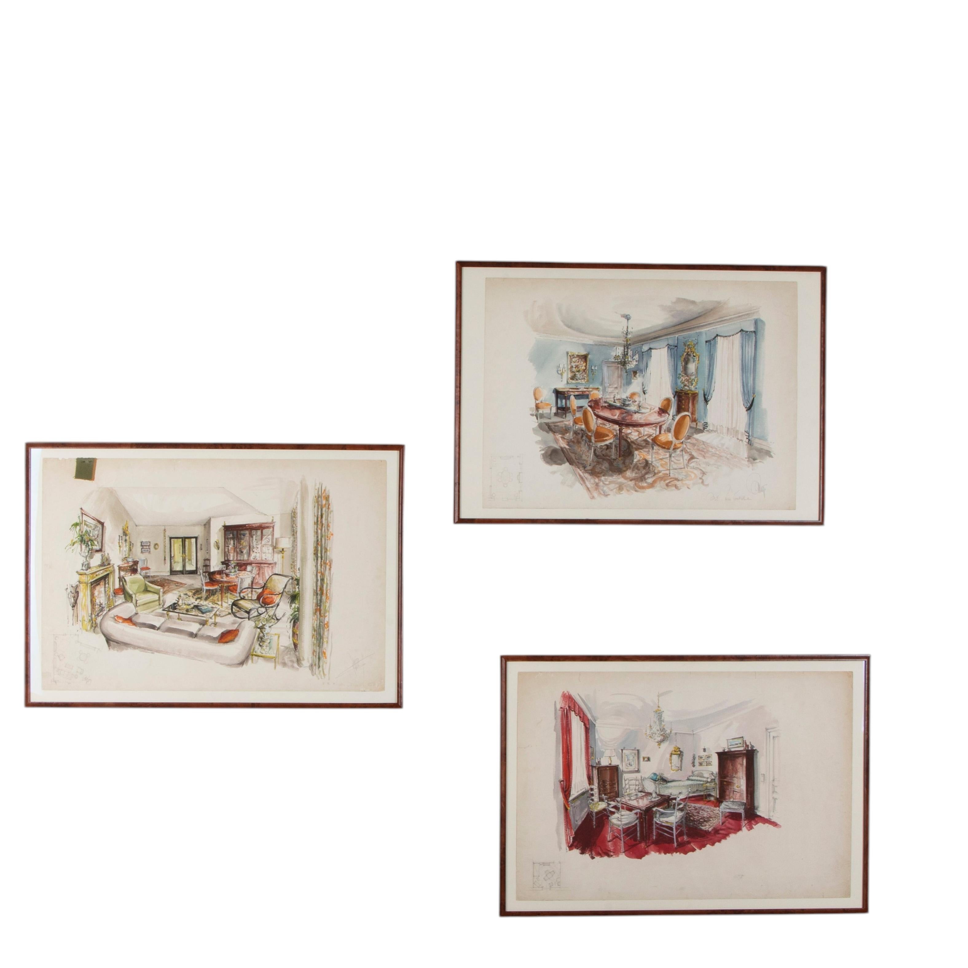 Set of Three Mid-Century French Interior Design Sketches