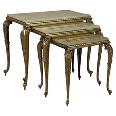 Set of Three Mid-Century French Louis XV Style Brass and Onyx Nesting Tables