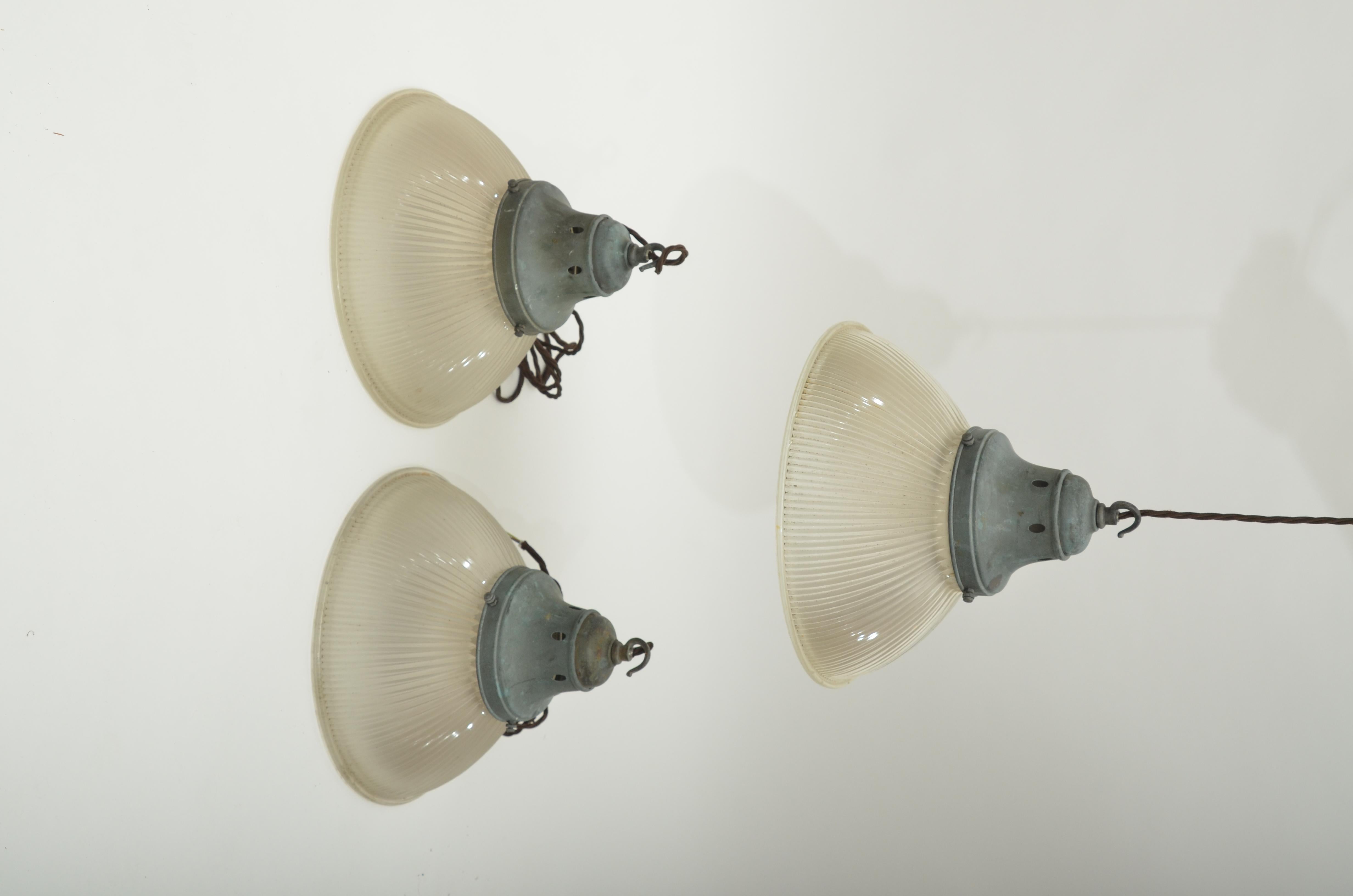 Set of Three Midcentury Holophane Pendant Lamps, England, circa 1930 In Good Condition For Sale In East Hampton, NY