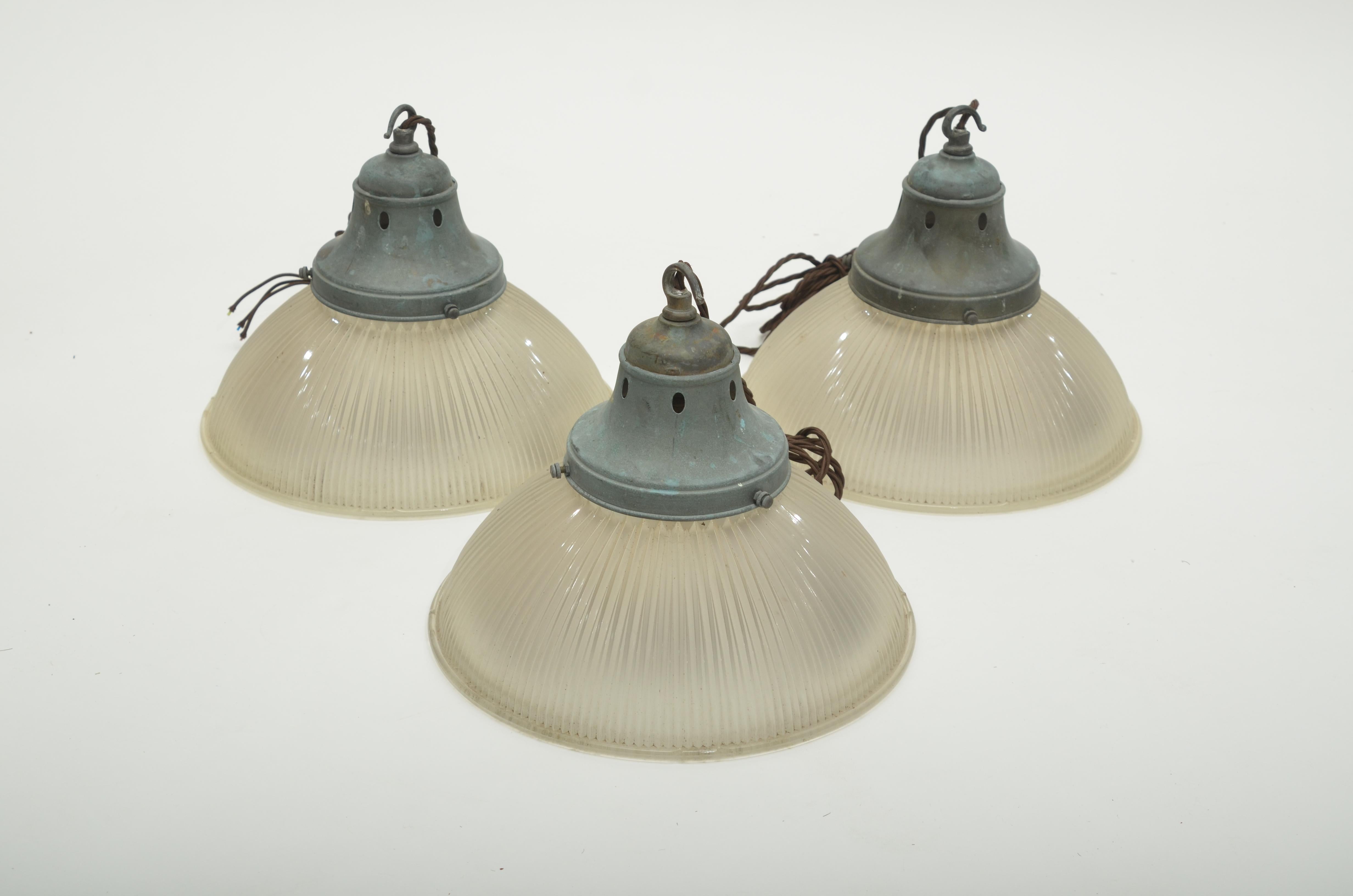 Mid-20th Century Set of Three Midcentury Holophane Pendant Lamps, England, circa 1930 For Sale