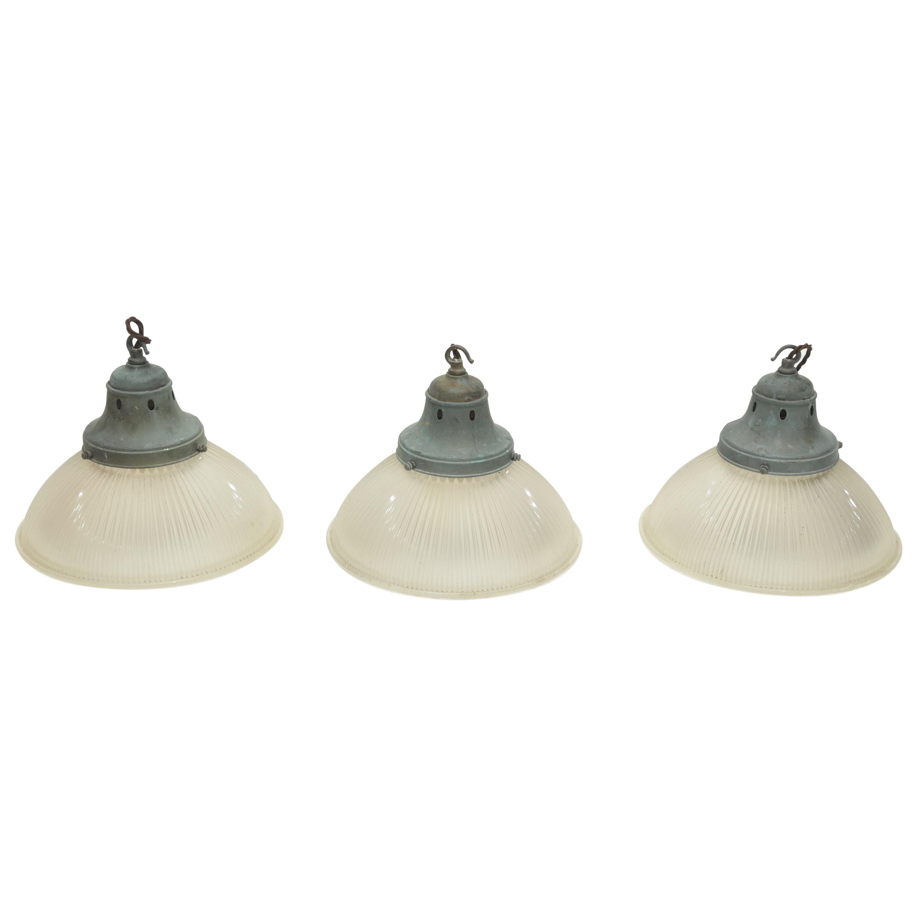 Set of Three Midcentury Holophane Pendant Lamps, England, circa 1930 For Sale