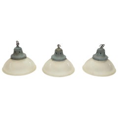Set of Three Midcentury Holophane Pendant Lamps, England, circa 1930