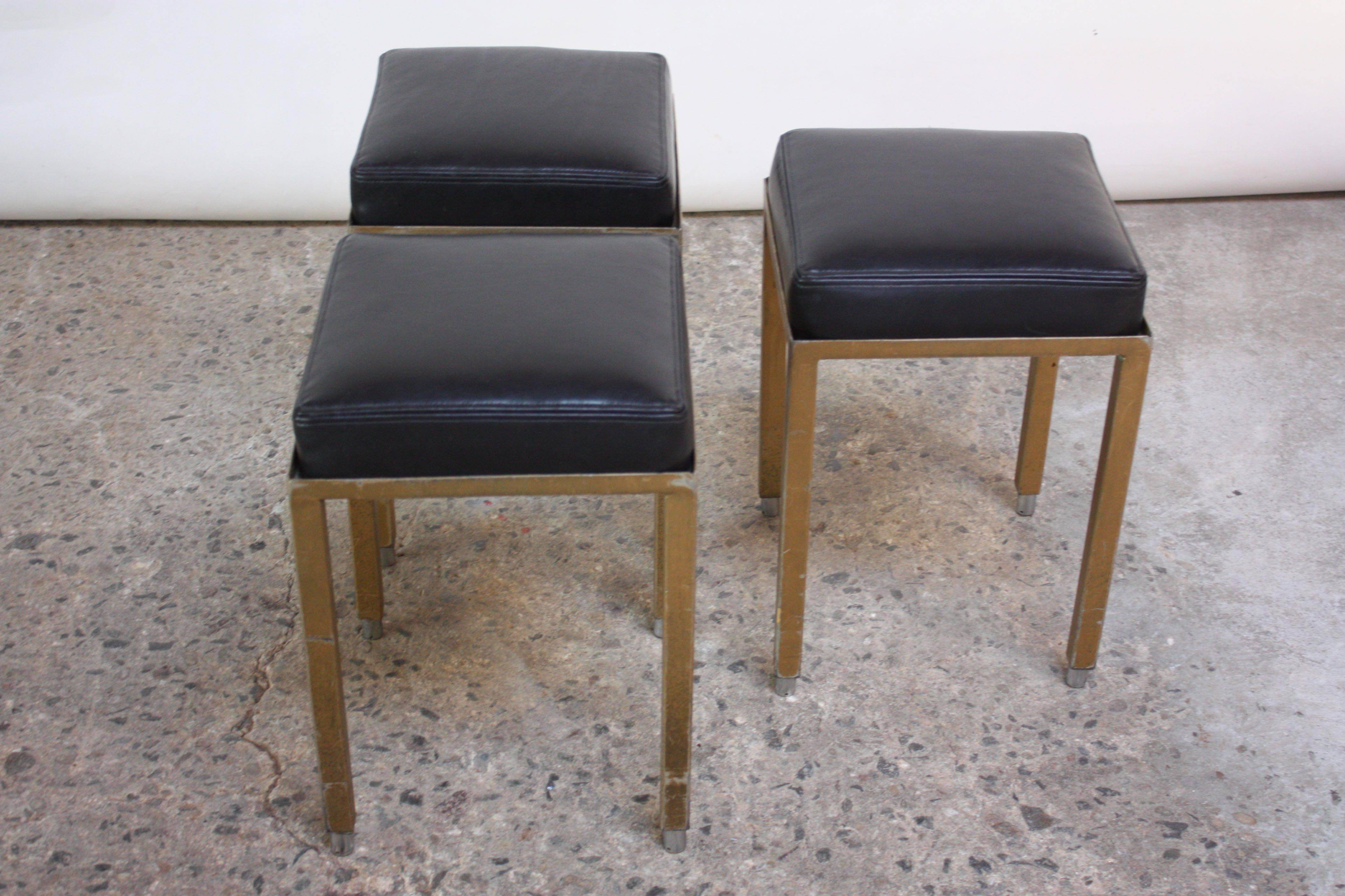 American Set of Three Midcentury Industrial Leather and Painted Steel Stools For Sale