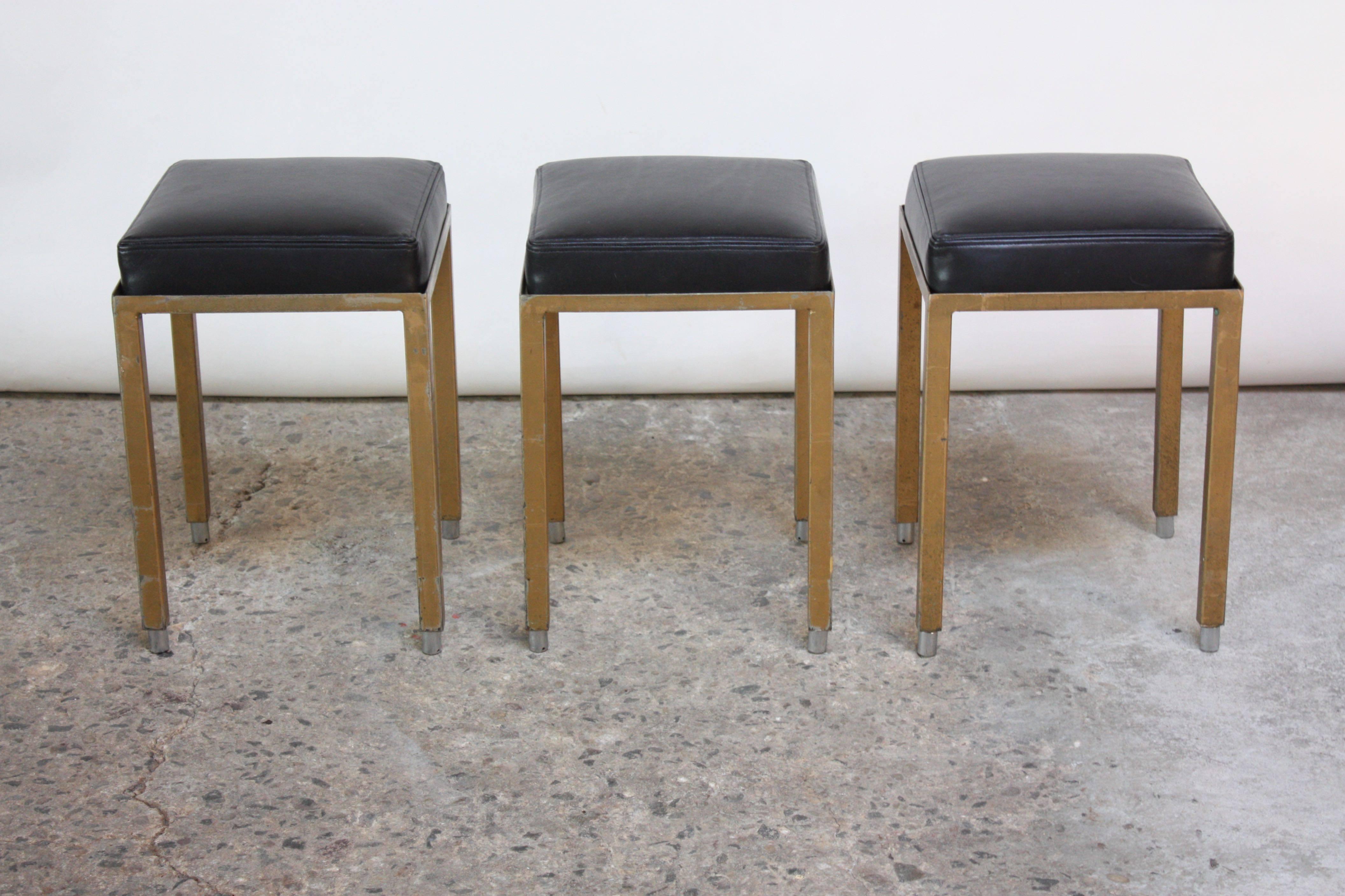 Set of Three Midcentury Industrial Leather and Painted Steel Stools In Good Condition For Sale In Brooklyn, NY