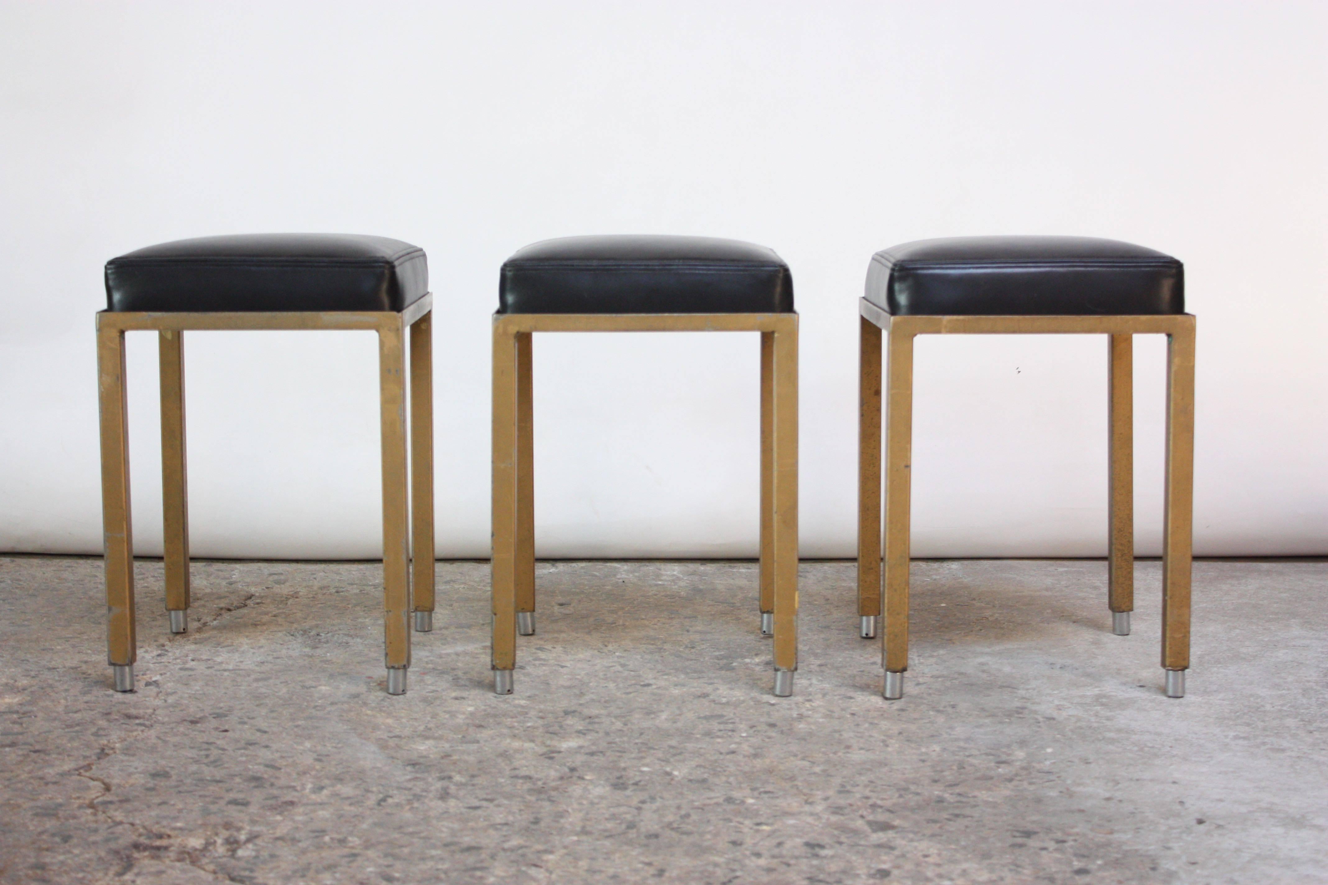 Mid-20th Century Set of Three Midcentury Industrial Leather and Painted Steel Stools For Sale