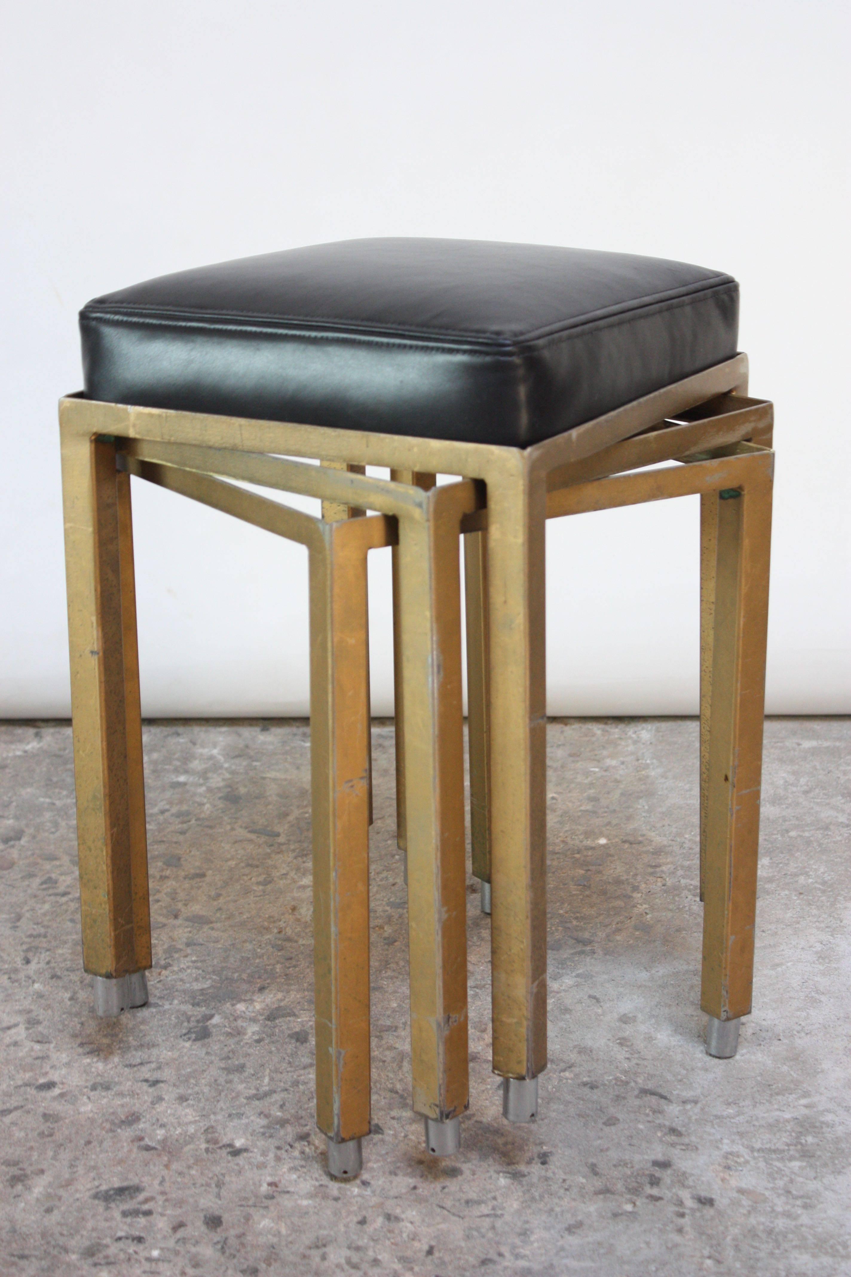 Set of Three Midcentury Industrial Leather and Painted Steel Stools For Sale 1