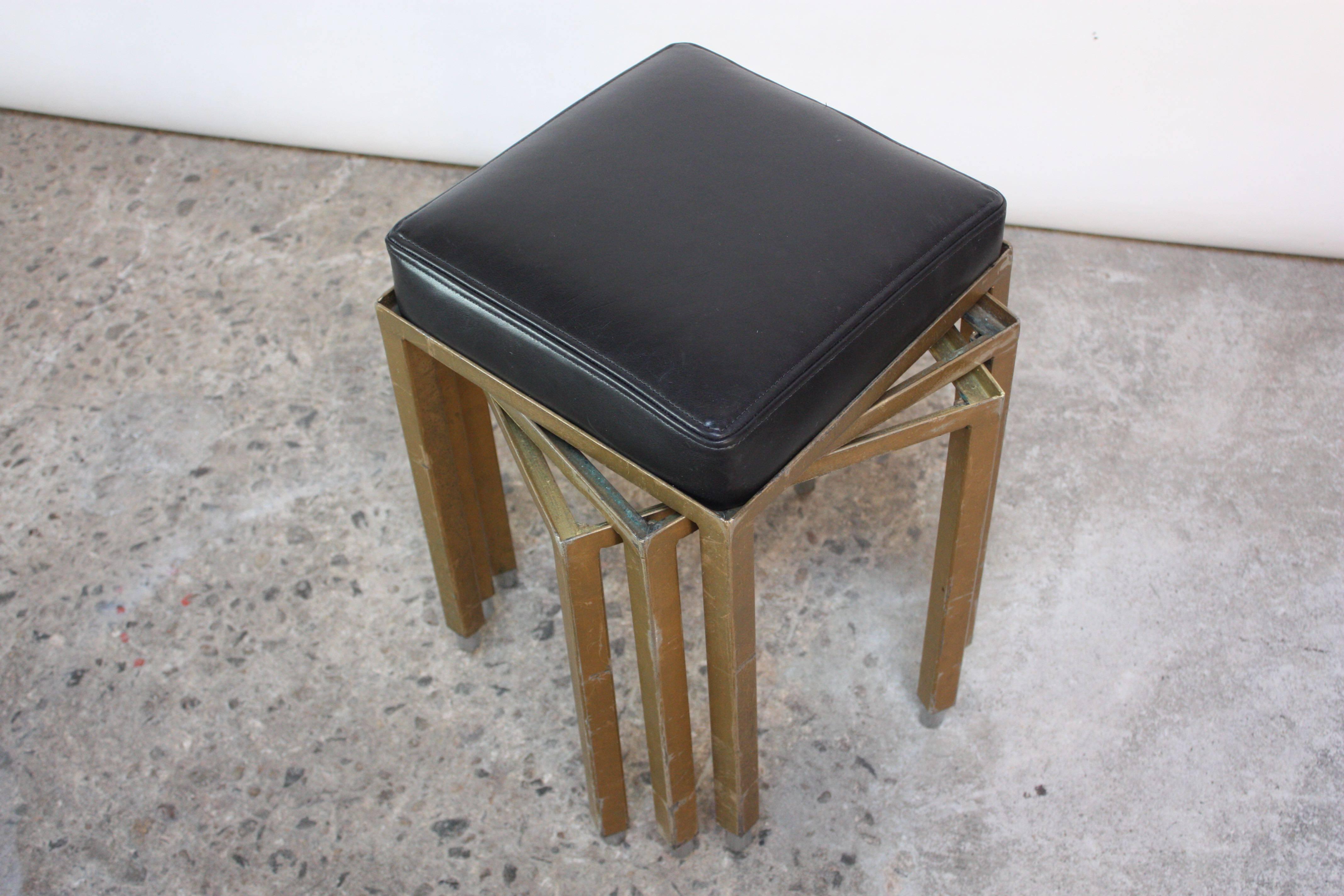Set of Three Midcentury Industrial Leather and Painted Steel Stools For Sale 2