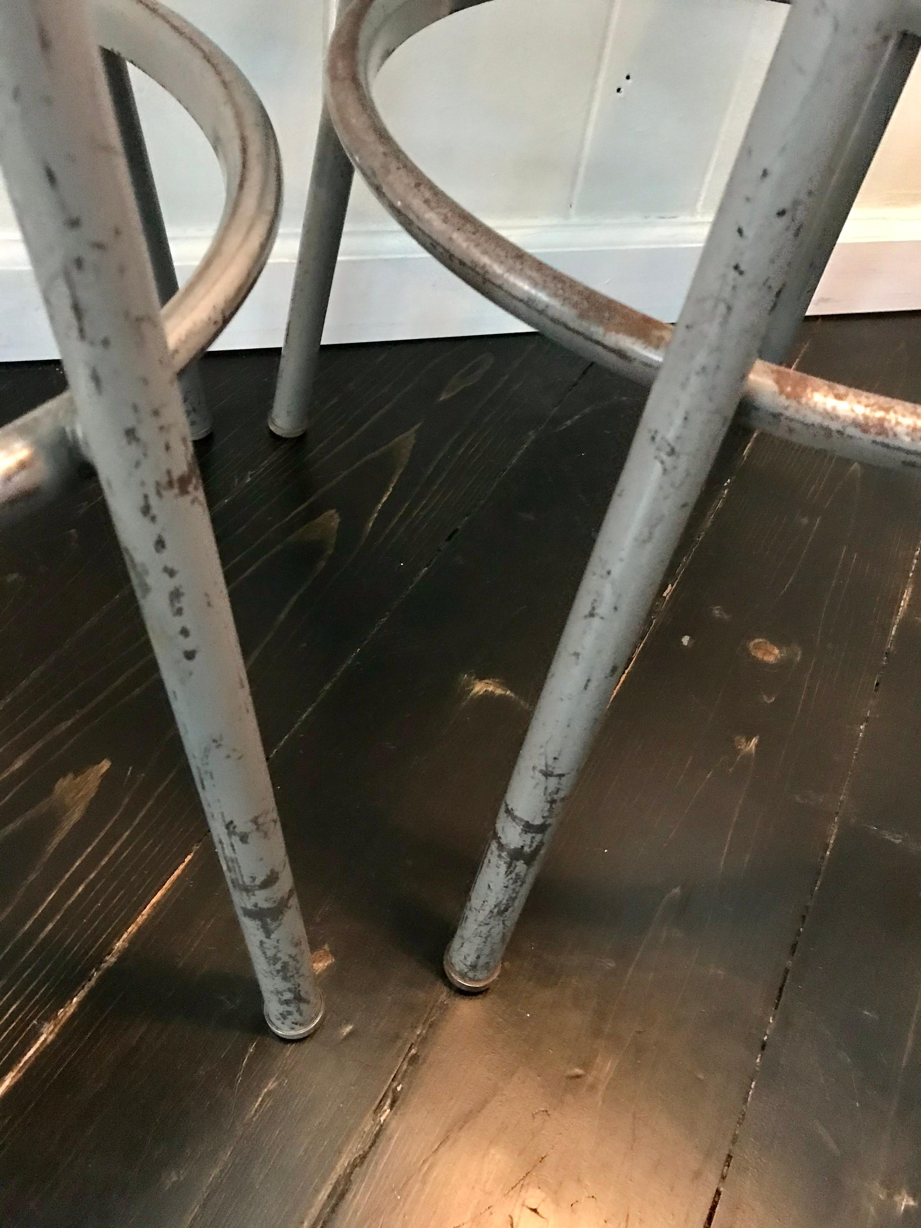 Mid-20th Century Set of Three Mid Century Industrial Metal Bar Stools with Backrests For Sale