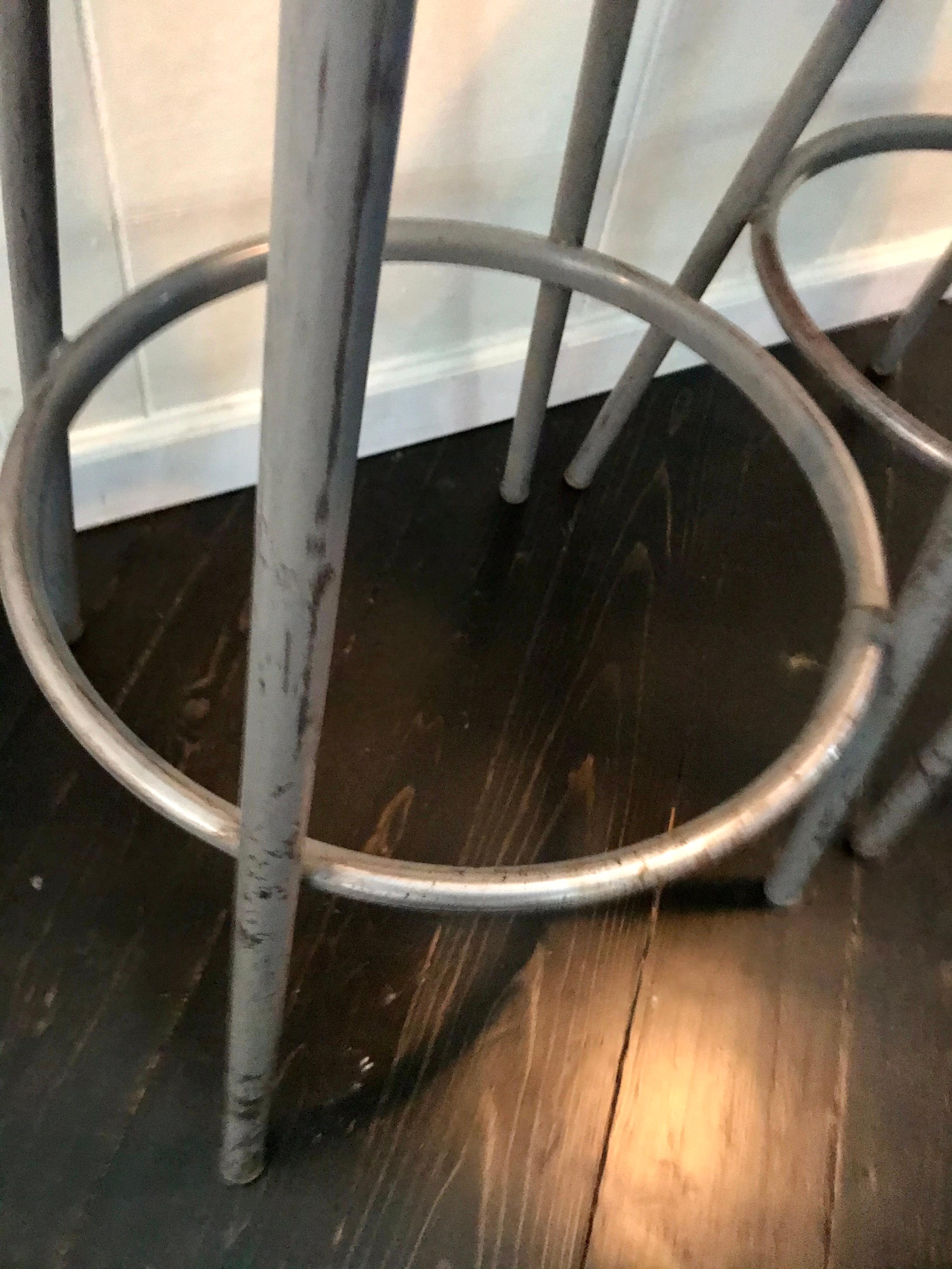 Set of Three Mid Century Industrial Metal Bar Stools with Backrests 1