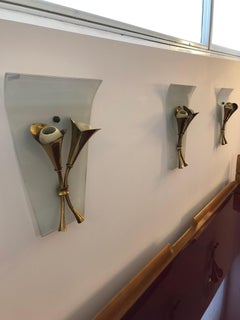 Set of Three Midcentury Italian Curved Glass and Brass Sconces