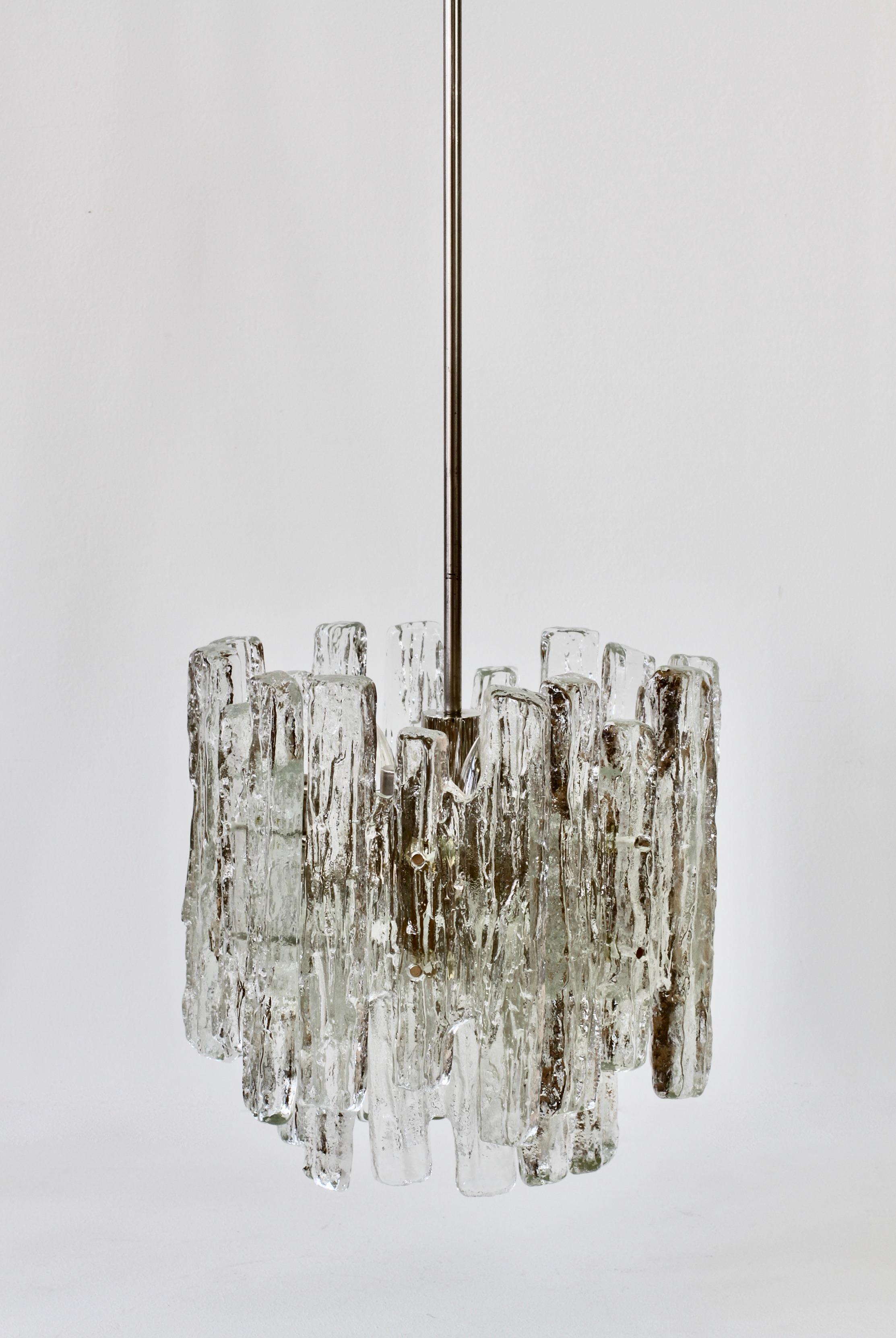 Polished Set of Three Midcentury Kalmar Ice Crystal Glass Pendant Lights or Chandeliers For Sale