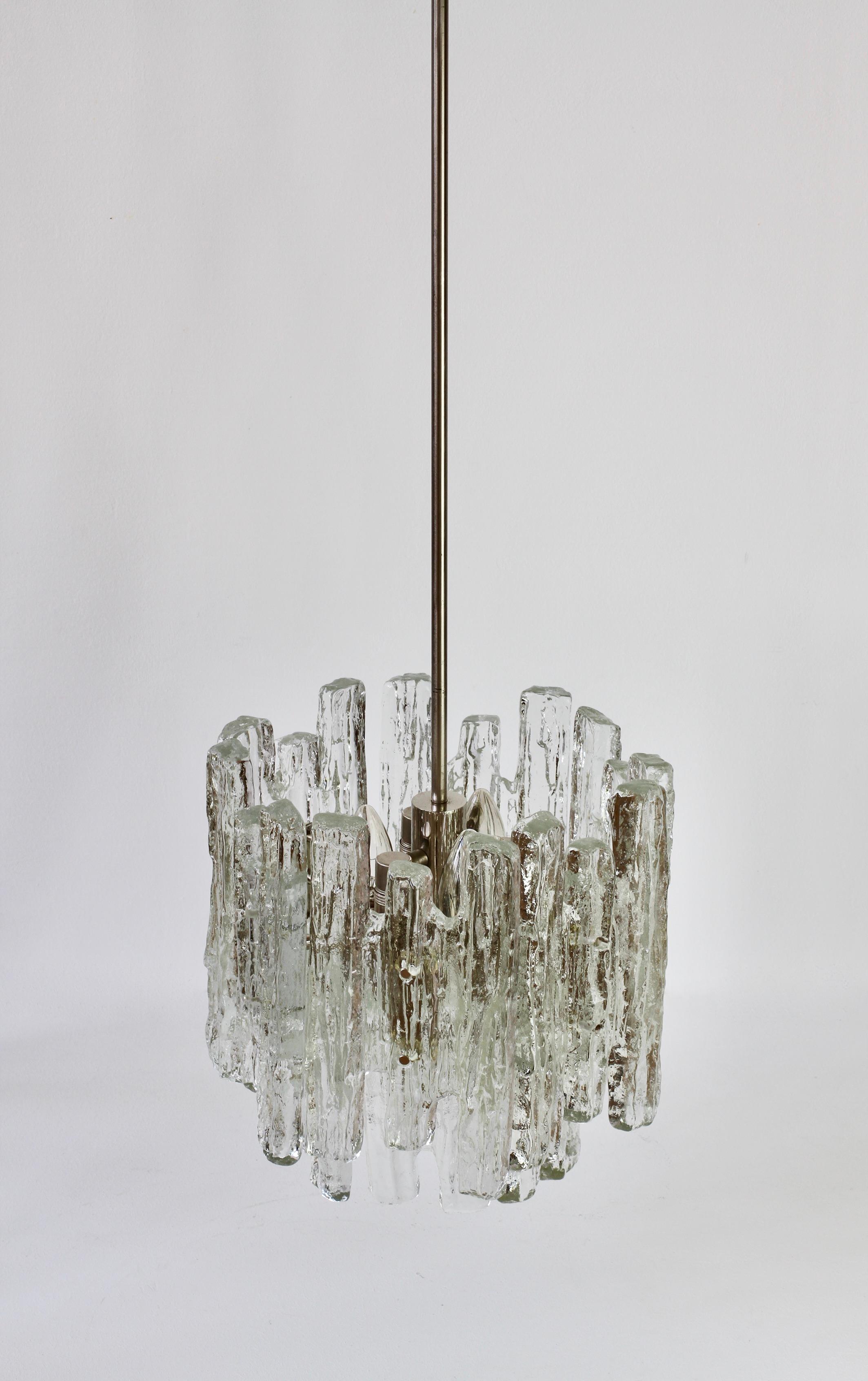 Set of Three Midcentury Kalmar Ice Crystal Glass Pendant Lights or Chandeliers For Sale 1