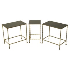 Set of Three Mid-Century Maison Bagues Faux Bamboo Bronze Side Tables, Glass Top