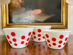 Set of 3 Mid Century Pyrex Glass Bowls, Fire King Brand- Red Dot decor
