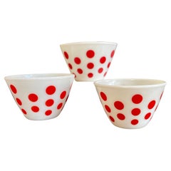 Set of Three Mid Century Milk Glass w. Red Dot's, Serving Bowls, Fire King Brand