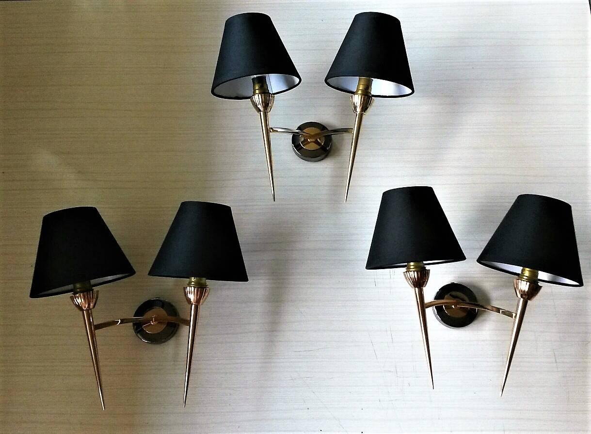 Set of Three Mid-Century Modern 2 Arm Bronze Sconces by Lunel, France In Good Condition For Sale In Paris, FR