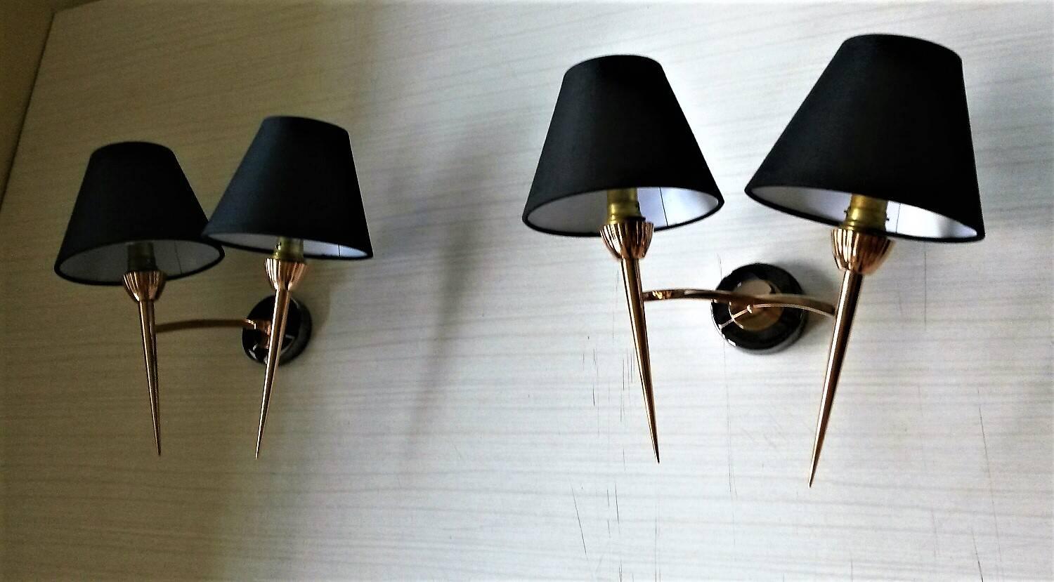 Mid-20th Century Set of Three Mid-Century Modern 2 Arm Bronze Sconces by Lunel, France For Sale
