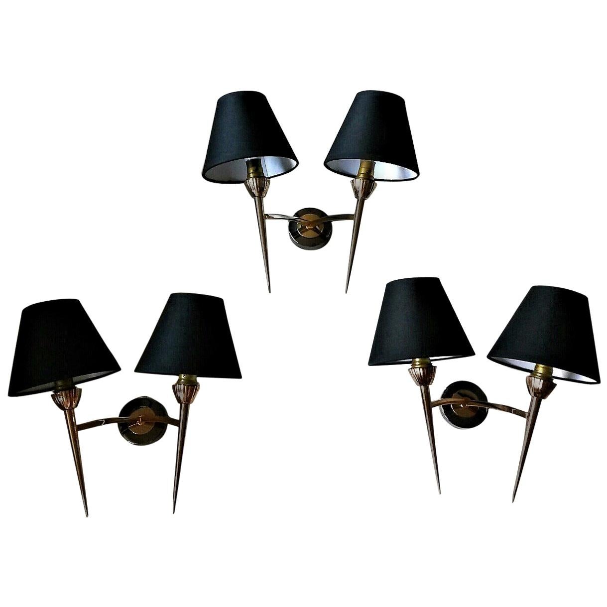 Set of Three Mid-Century Modern 2 Arm Bronze Sconces by Lunel, France