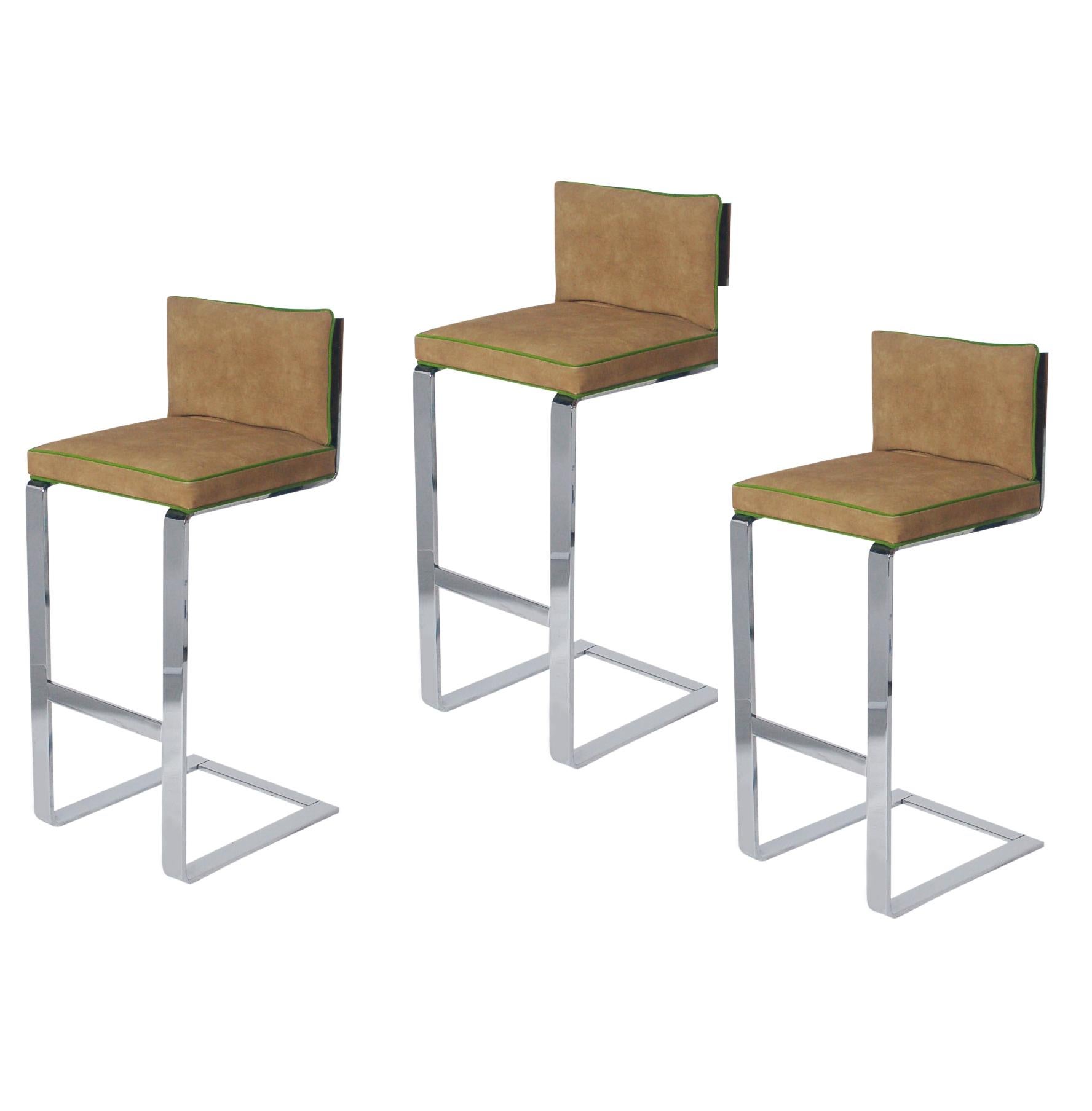 Late 20th Century Set of Three Mid-Century Modern Chrome Flat Bar Cantilevered Bar Stools