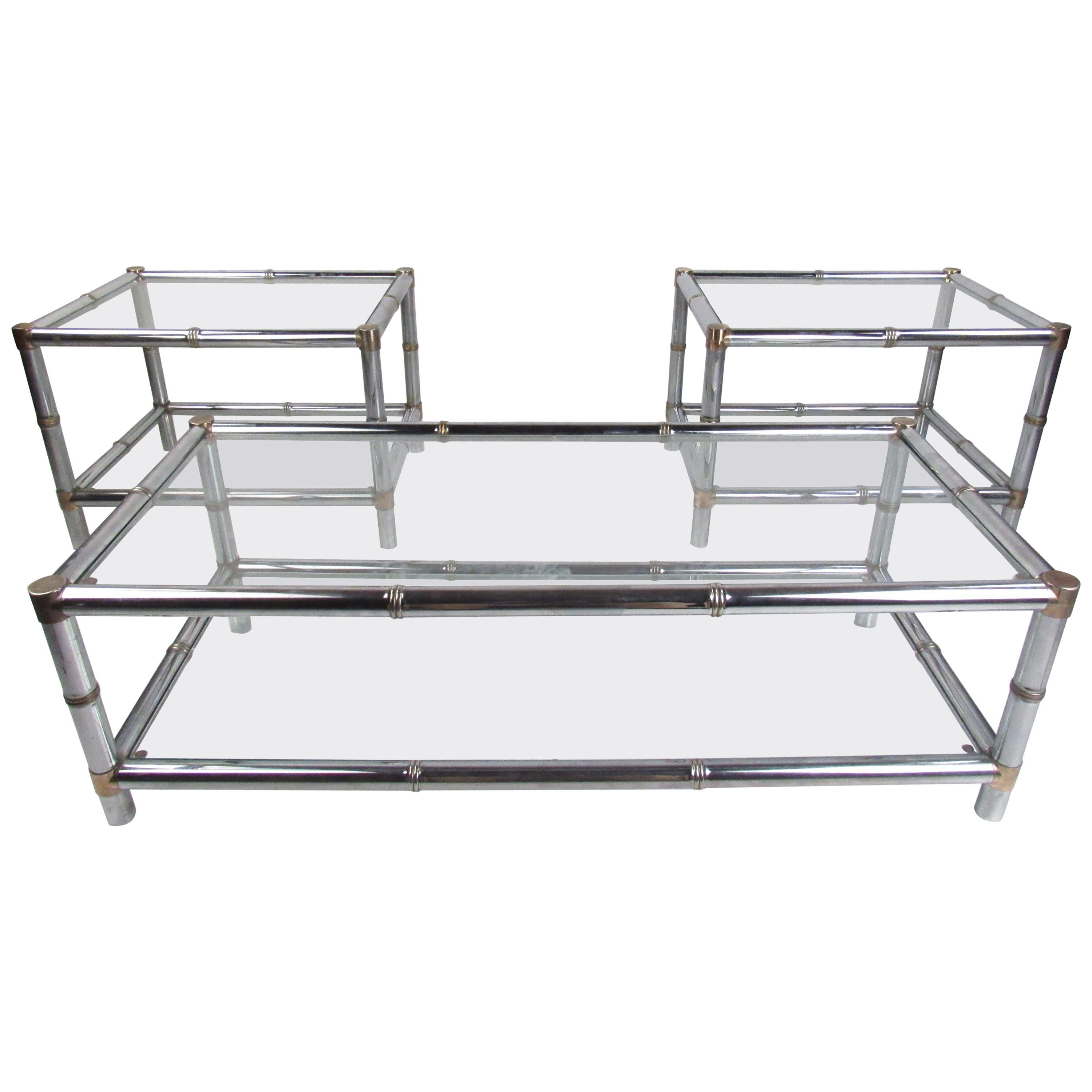 Set of Three Mid-Century Chrome Bamboo Tables For Sale