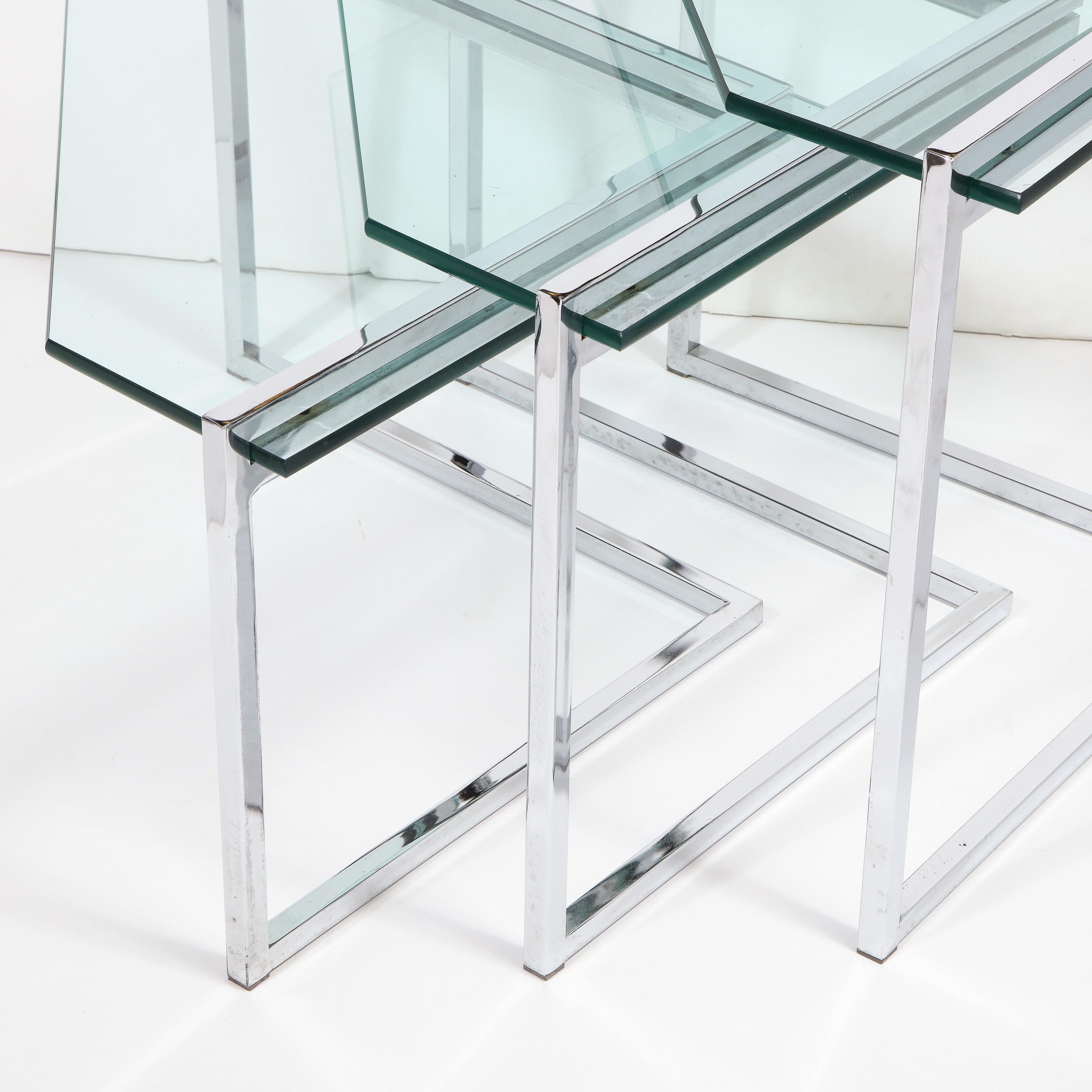 Set of Three Mid-Century Modern Geometric Chrome and Glass Chevron Form Tables 5