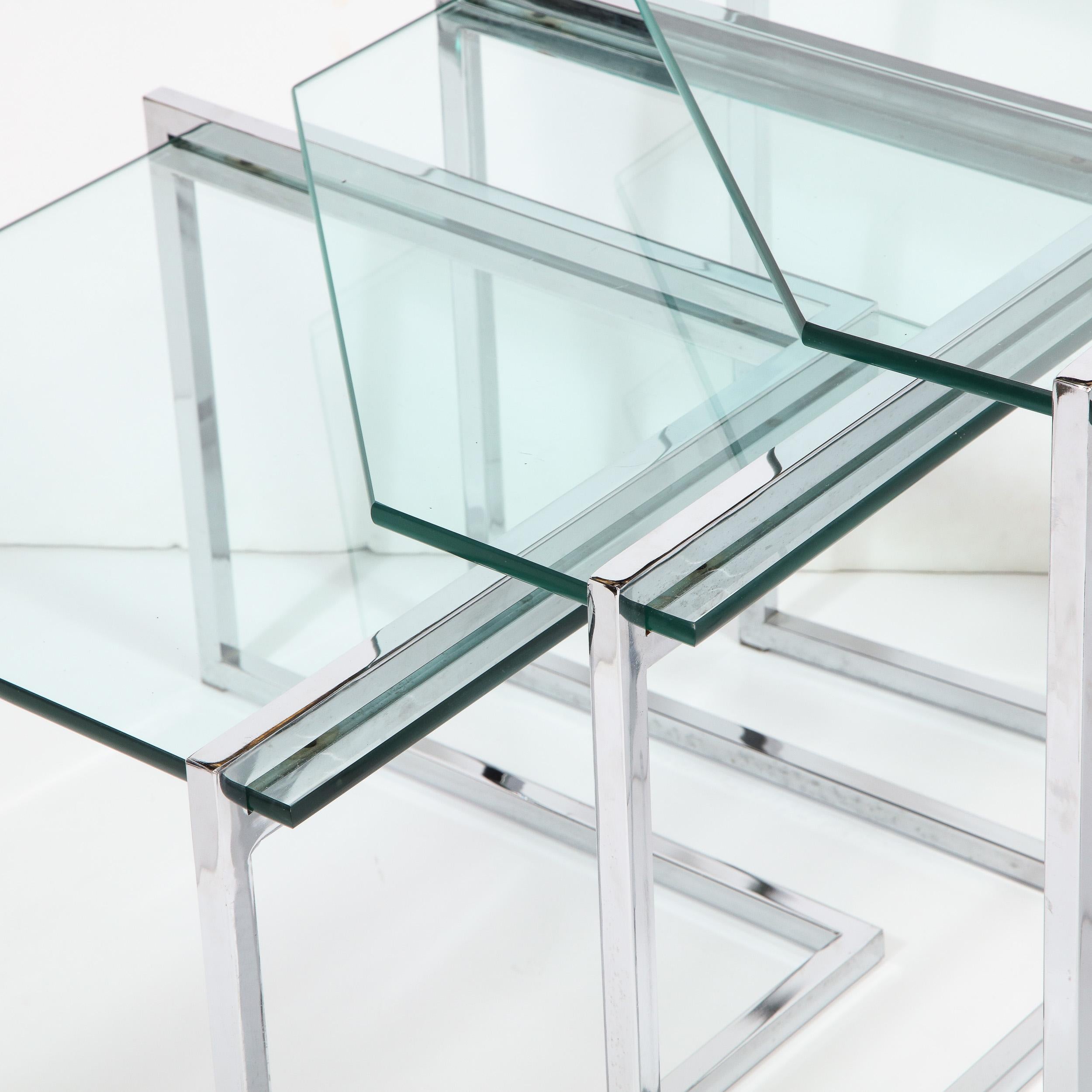 Set of Three Mid-Century Modern Geometric Chrome and Glass Chevron Form Tables 6